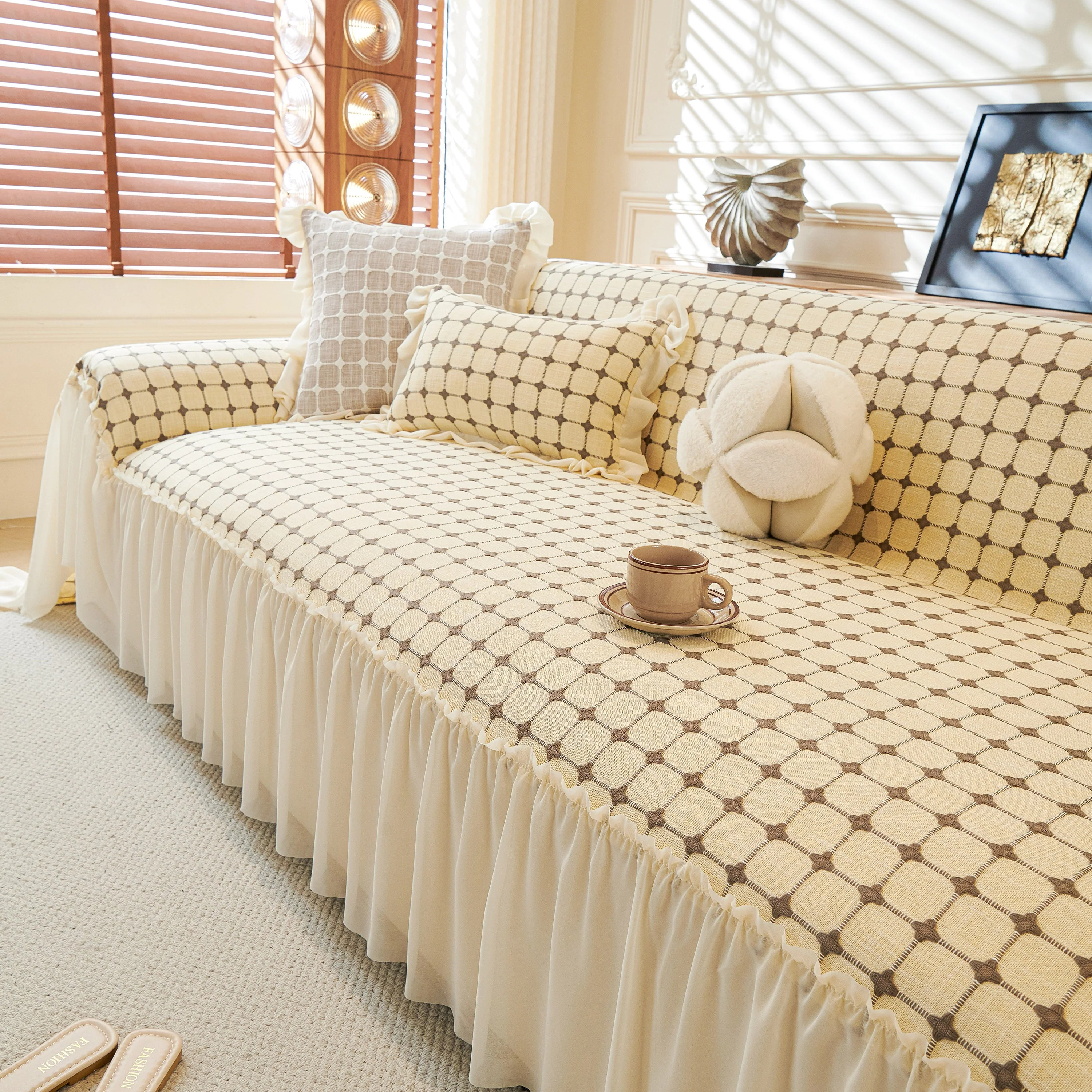Grid Textured Sofa Cover with Sheer Ruffle Skirt, Pet-Friendly Sofa Throw Slipcover - Image 10