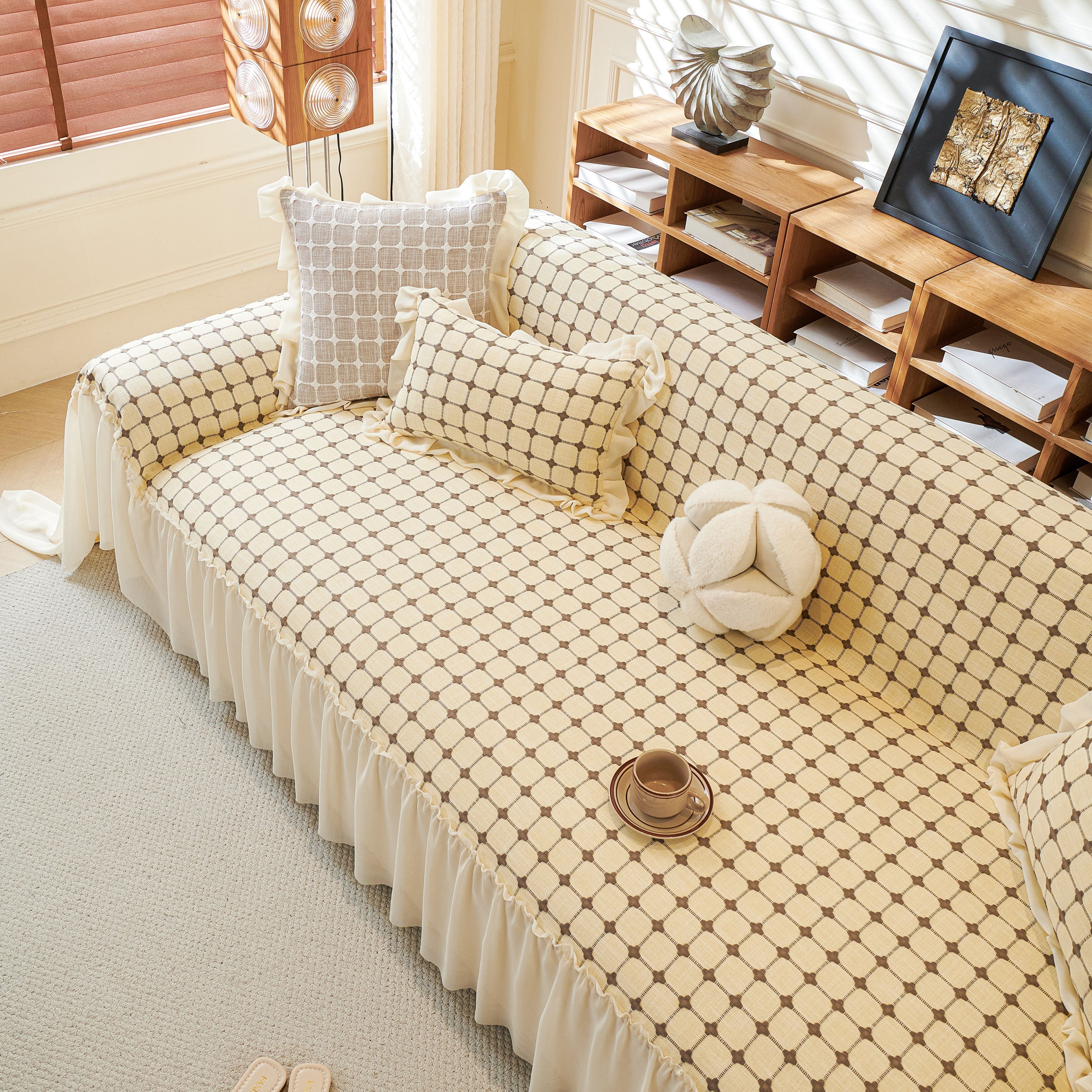 Grid Textured Sofa Cover with Sheer Ruffle Skirt, Pet-Friendly Sofa Throw Slipcover - Image 11