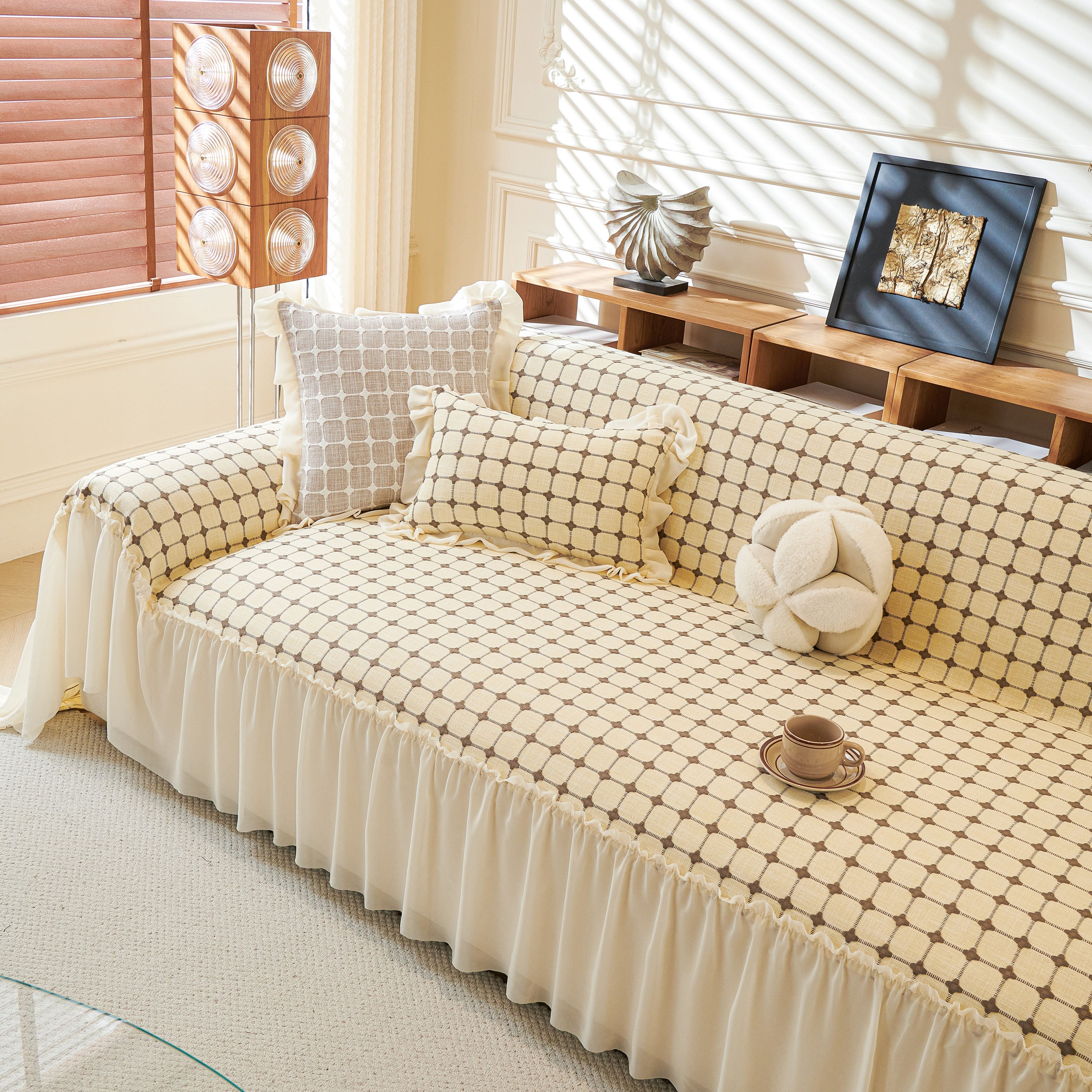 Grid Textured Sofa Cover with Sheer Ruffle Skirt, Pet-Friendly Sofa Throw Slipcover - Image 12