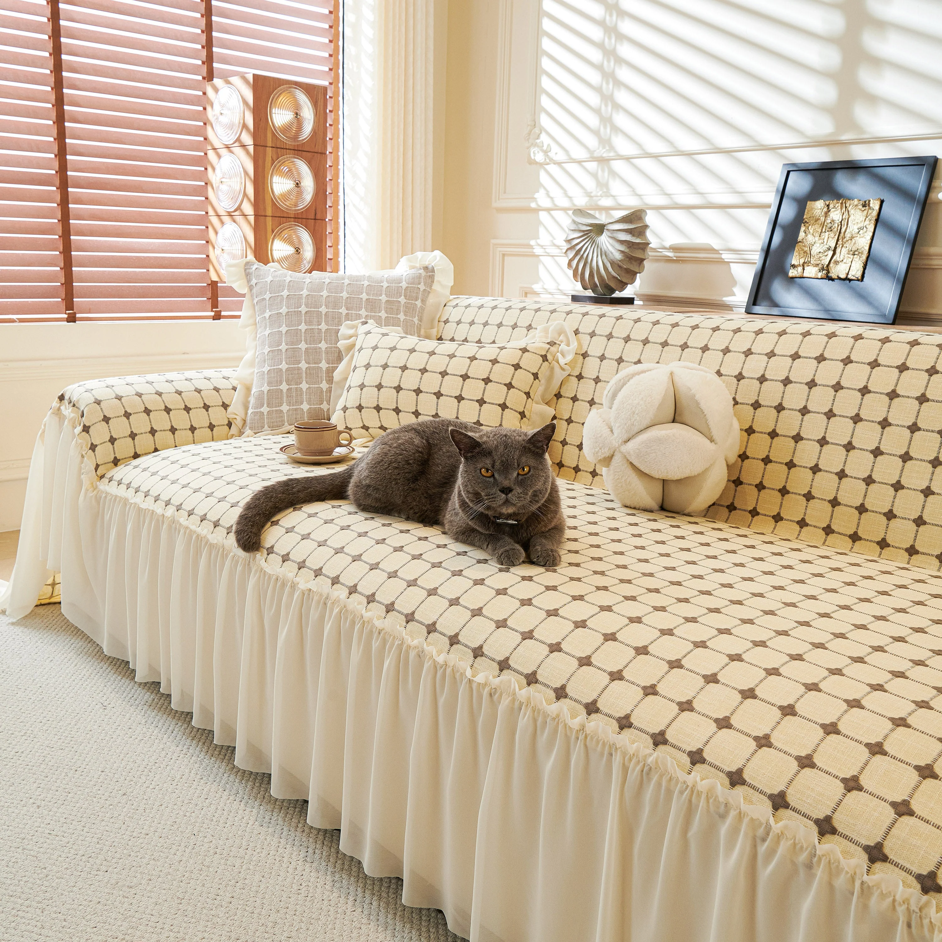 Grid Textured Sofa Cover with Sheer Ruffle Skirt, Pet-Friendly Sofa Throw Slipcover - Image 13