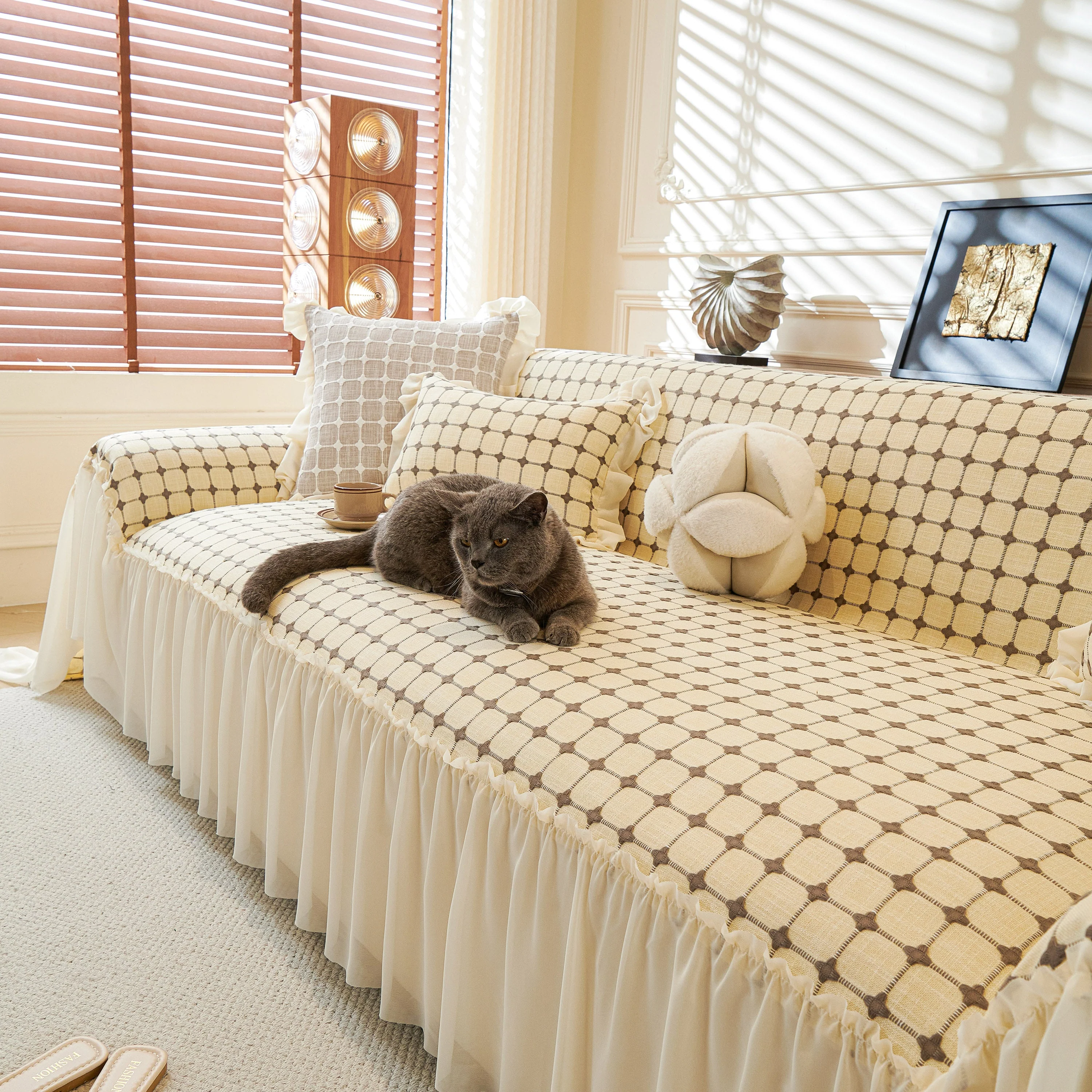 Grid Textured Sofa Cover with Sheer Ruffle Skirt, Pet-Friendly Sofa Throw Slipcover - Image 14