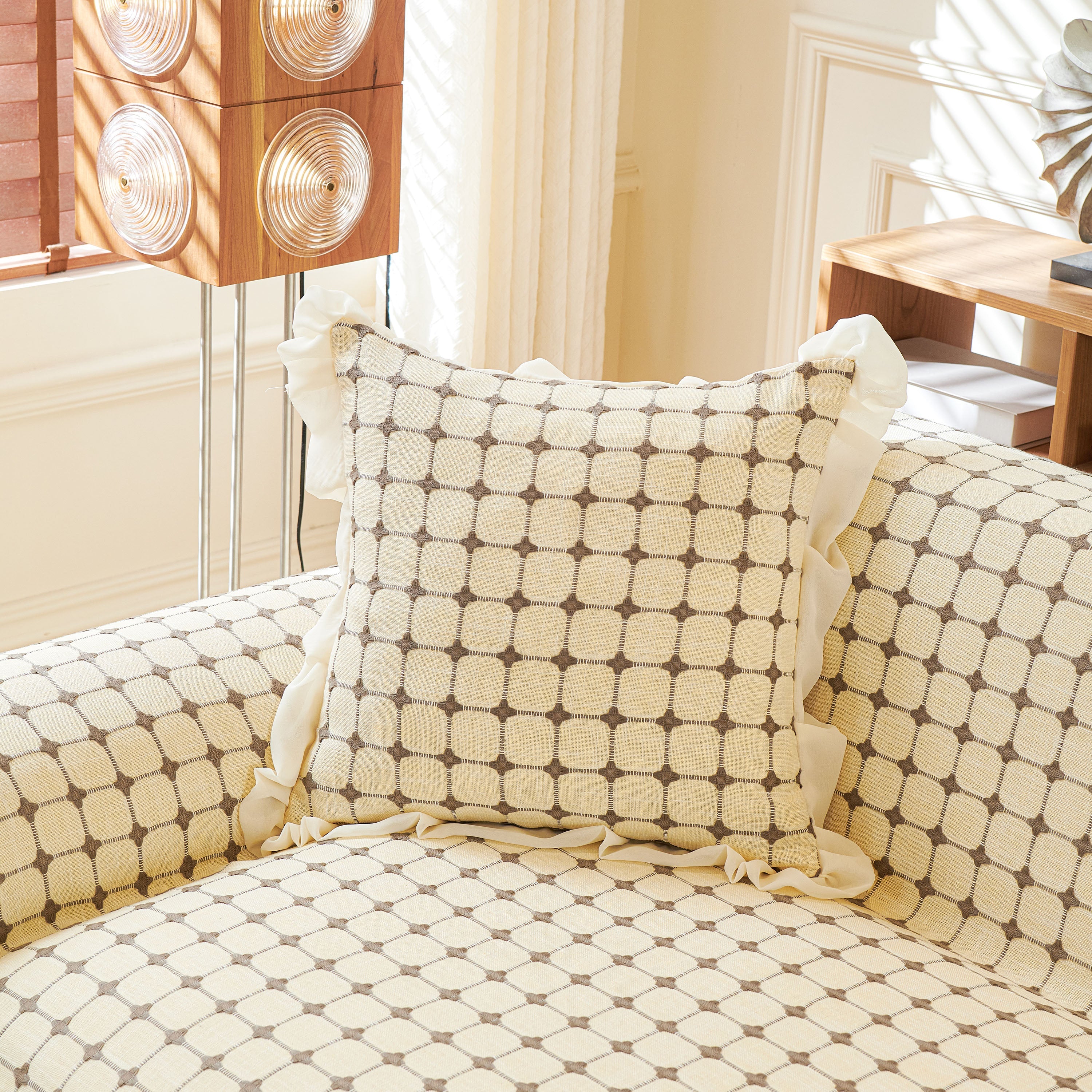 Grid Textured Sofa Cover with Sheer Ruffle Skirt, Pet-Friendly Sofa Throw Slipcover - Image 17