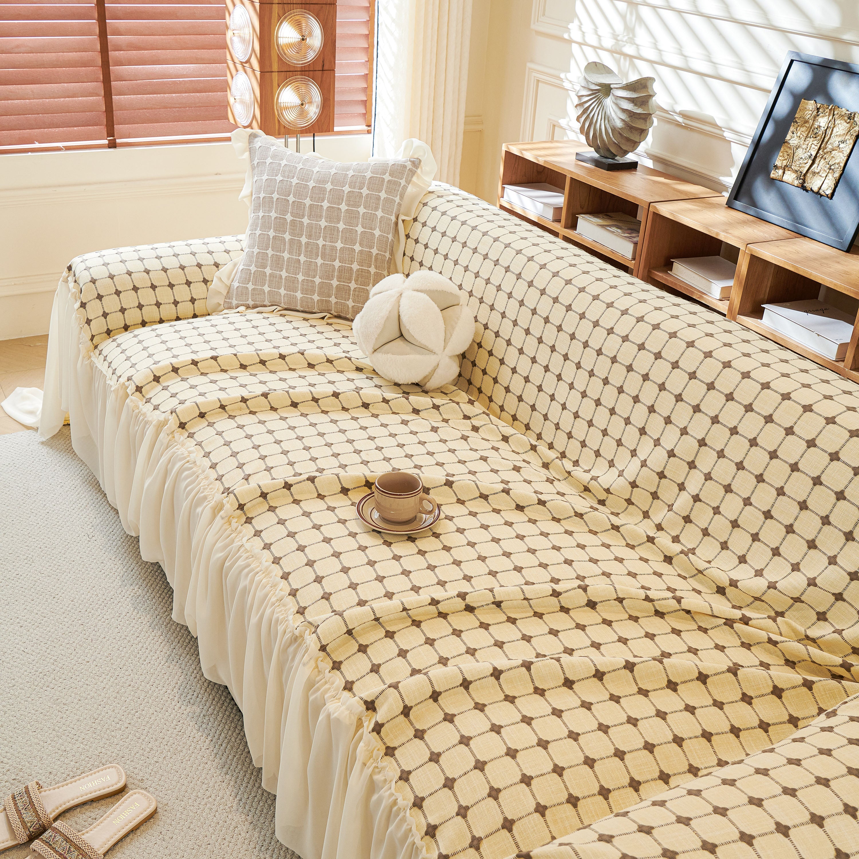 Grid Textured Sofa Cover with Sheer Ruffle Skirt, Pet-Friendly Sofa Throw Slipcover - Image 18