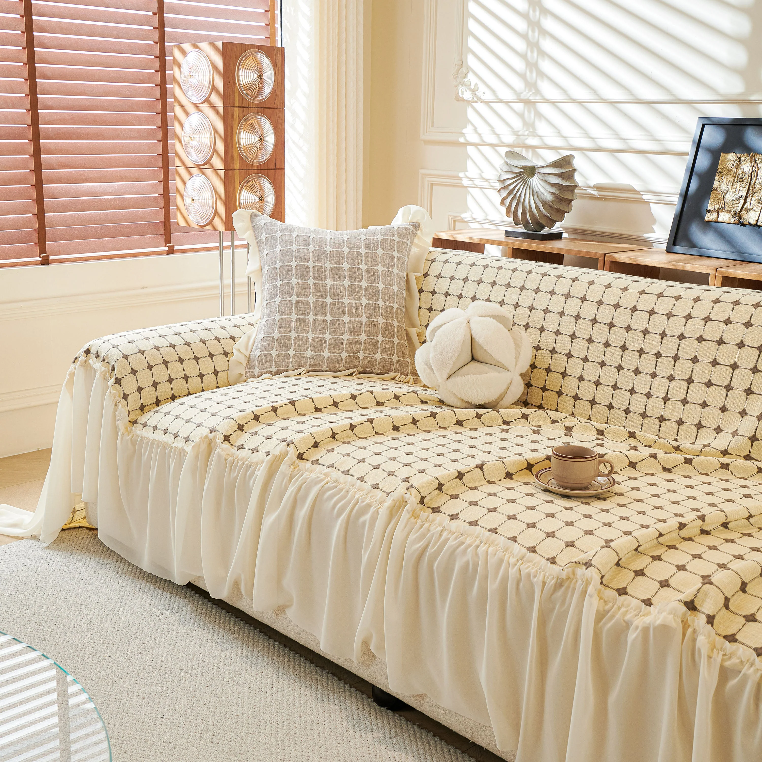 Grid Textured Sofa Cover with Sheer Ruffle Skirt, Pet-Friendly Sofa Throw Slipcover - Image 19