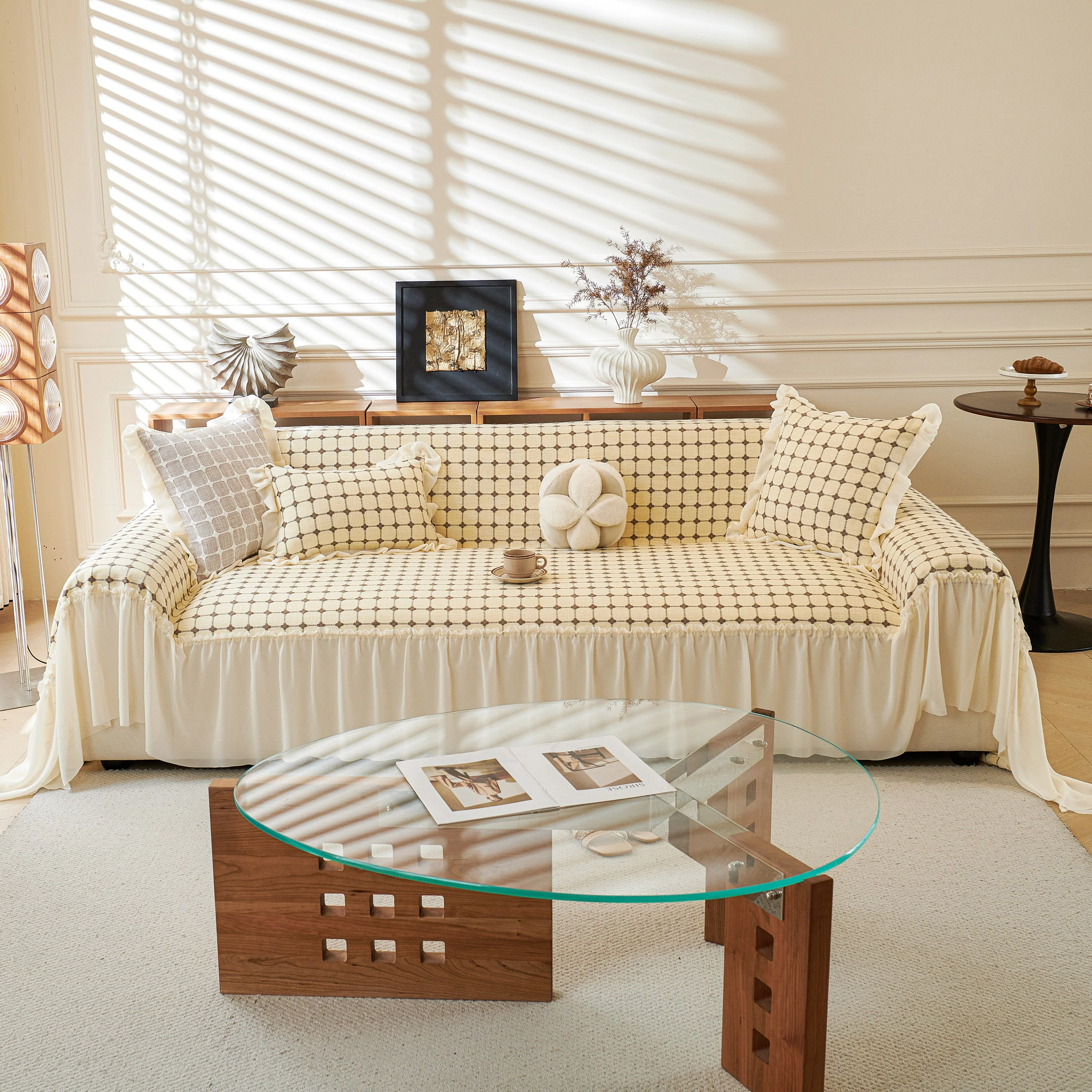 Grid Textured Sofa Cover with Sheer Ruffle Skirt, Pet-Friendly Sofa Throw Slipcover - Image 2