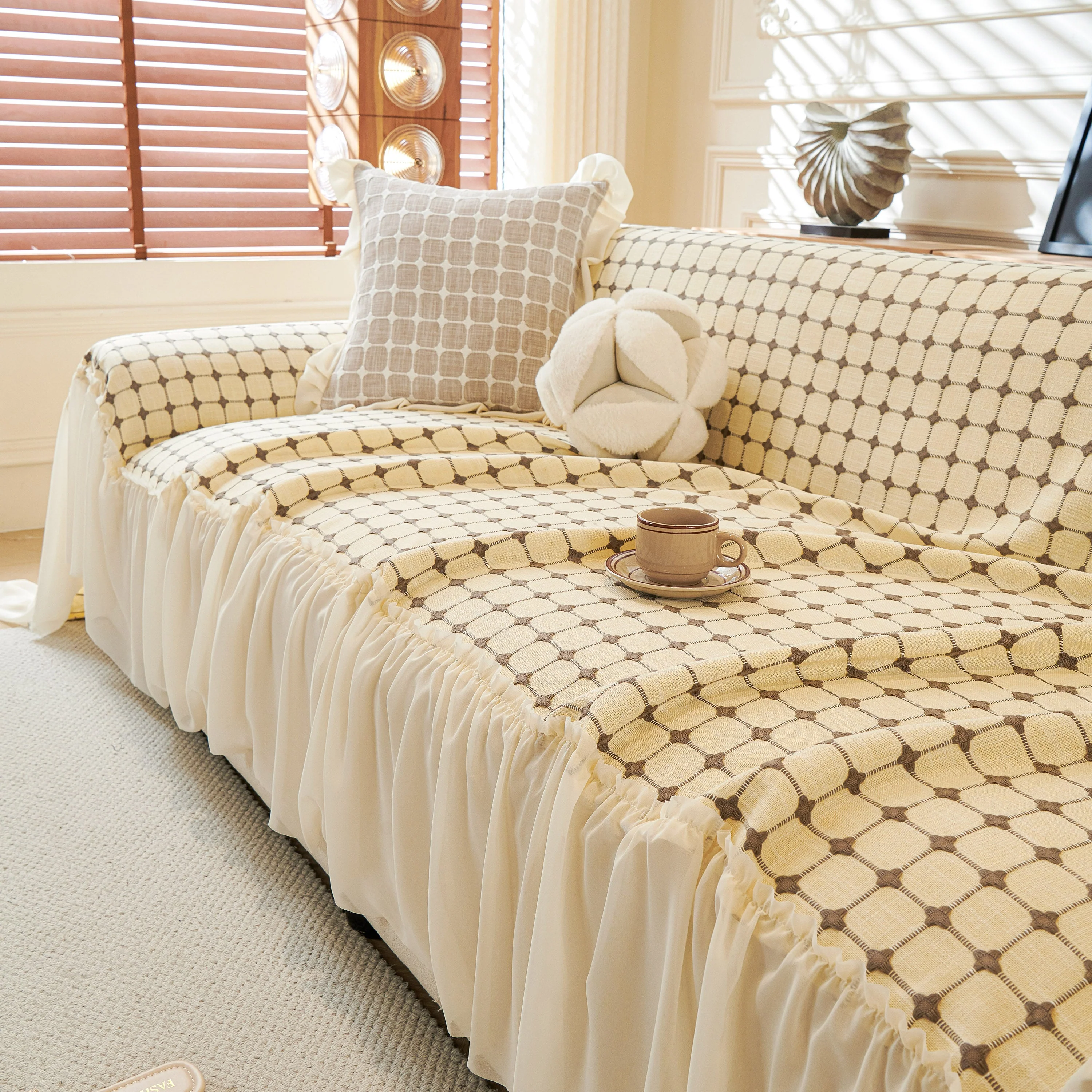 Grid Textured Sofa Cover with Sheer Ruffle Skirt, Pet-Friendly Sofa Throw Slipcover - Image 20