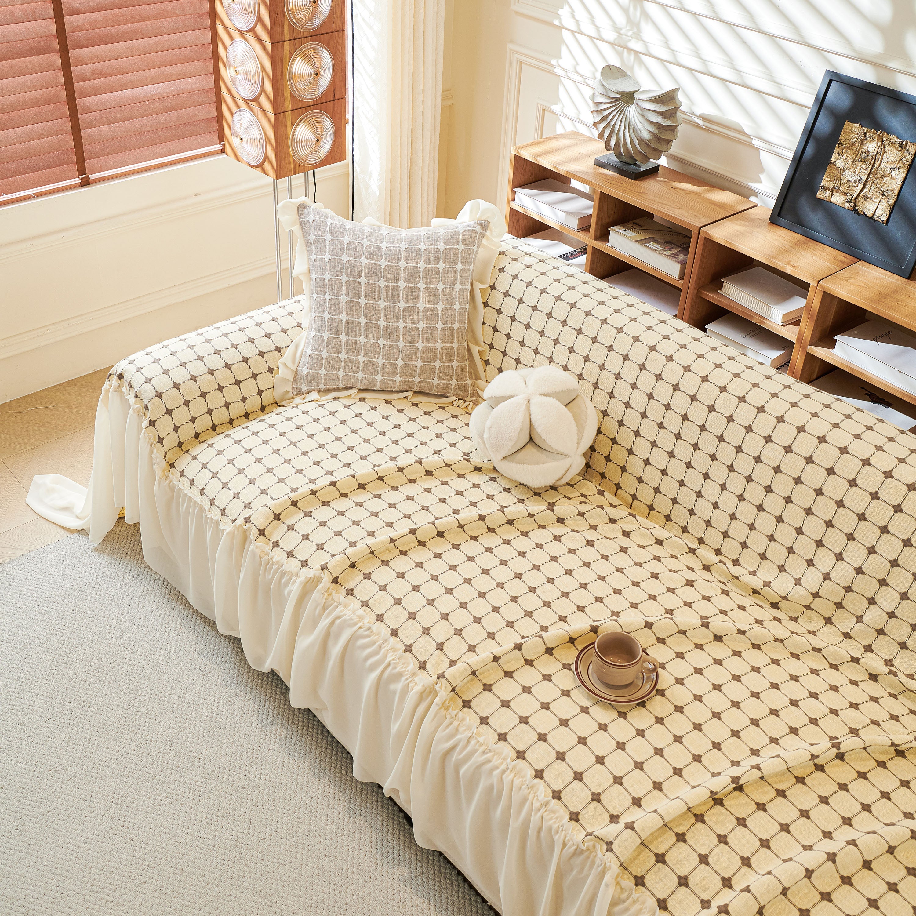 Grid Textured Sofa Cover with Sheer Ruffle Skirt, Pet-Friendly Sofa Throw Slipcover - Image 21