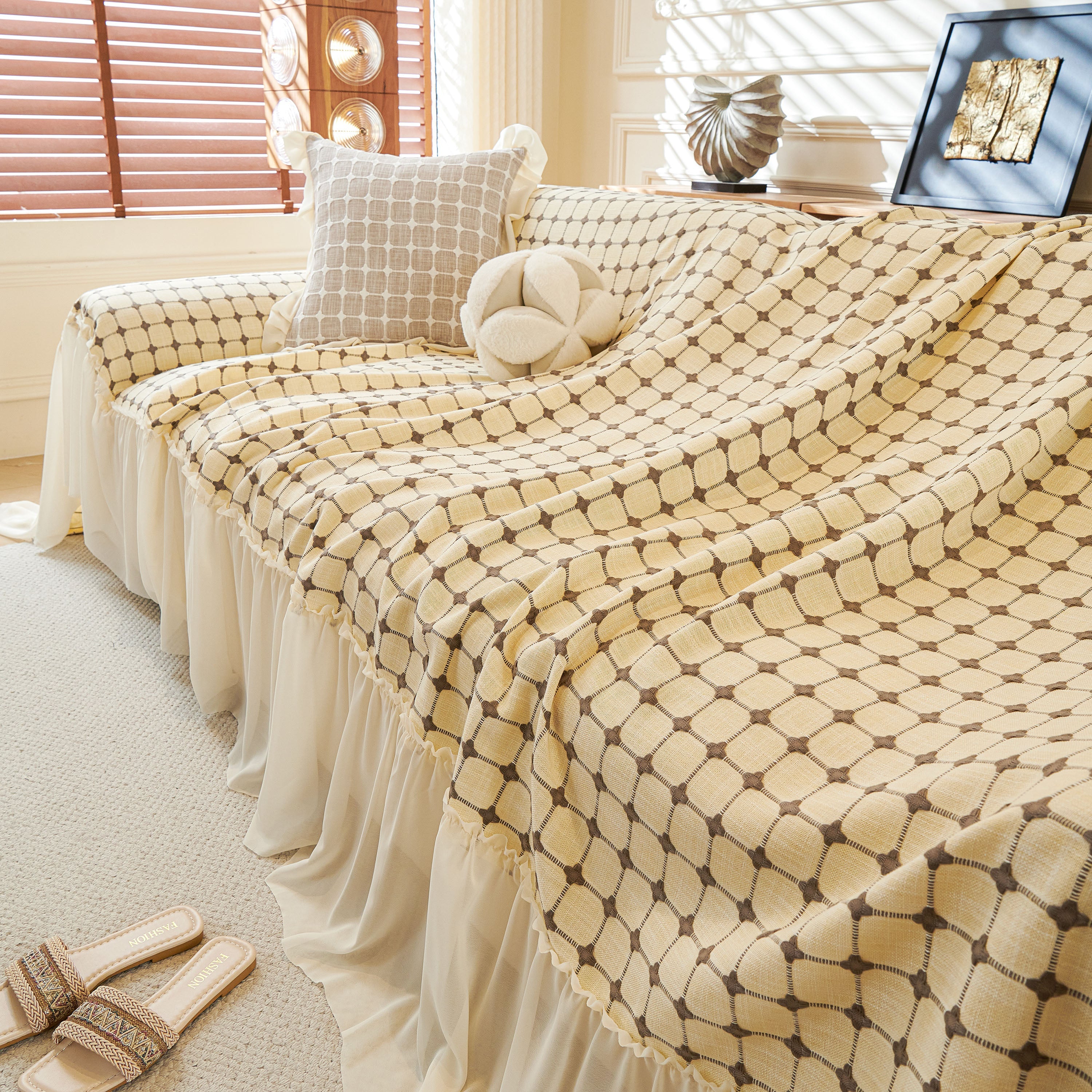 Grid Textured Sofa Cover with Sheer Ruffle Skirt, Pet-Friendly Sofa Throw Slipcover - Image 27