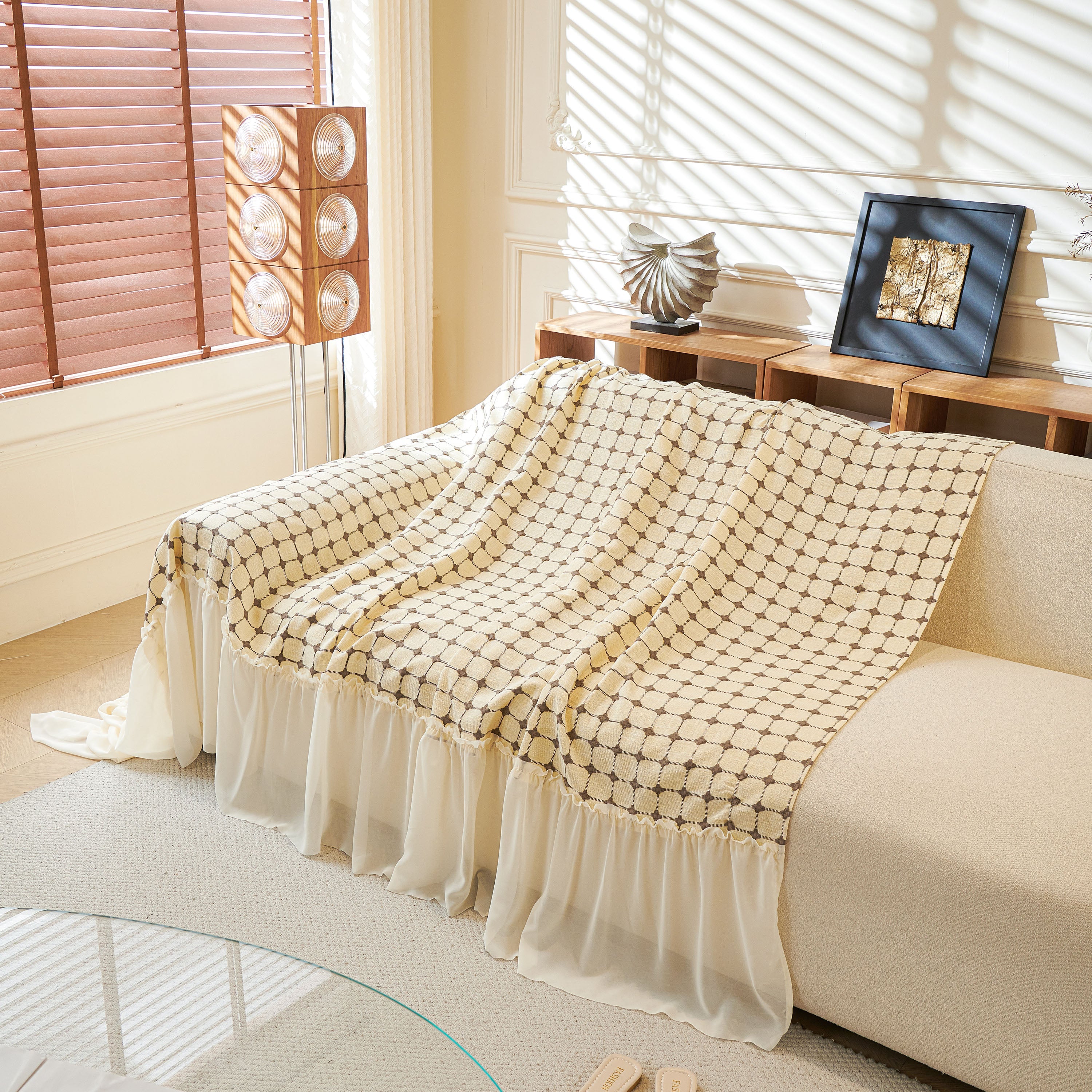 Grid Textured Sofa Cover with Sheer Ruffle Skirt, Pet-Friendly Sofa Throw Slipcover - Image 28