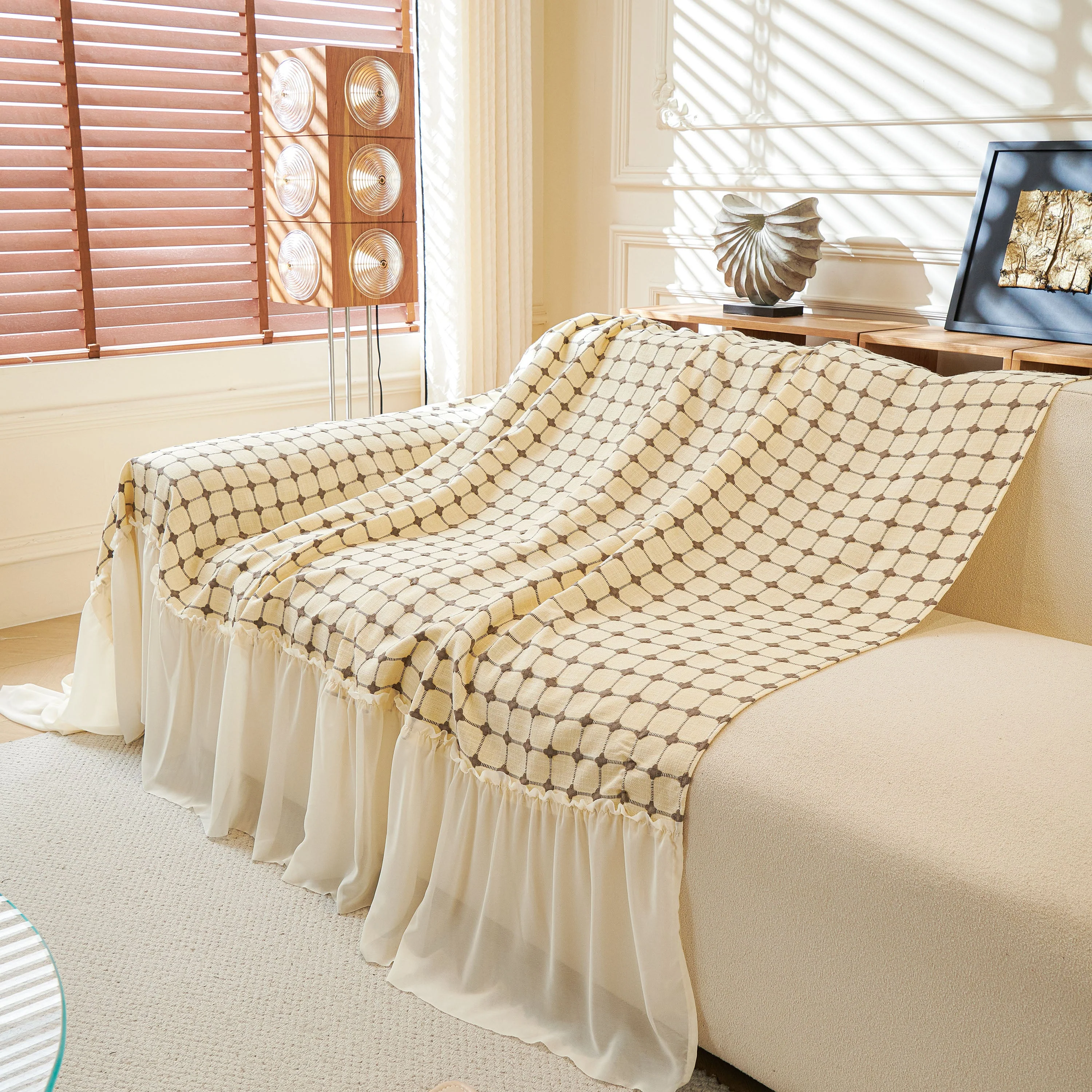 Grid Textured Sofa Cover with Sheer Ruffle Skirt, Pet-Friendly Sofa Throw Slipcover - Image 29