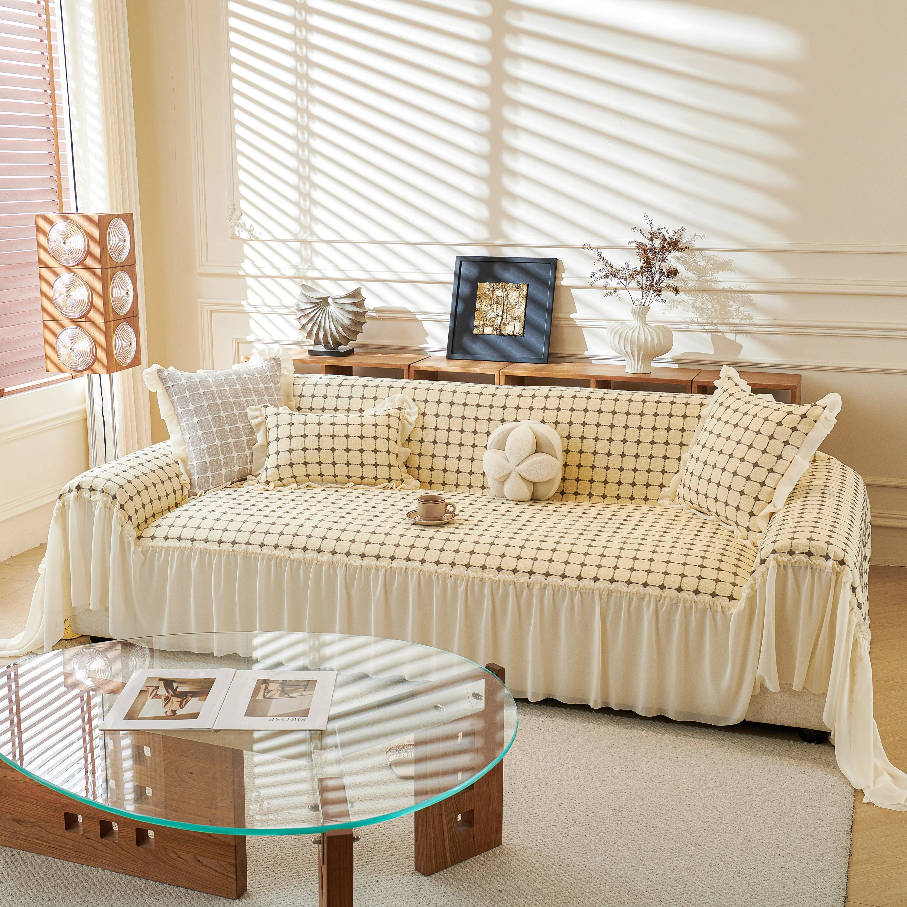 Grid Textured Sofa Cover with Sheer Ruffle Skirt, Pet-Friendly Sofa Throw Slipcover - Image 3