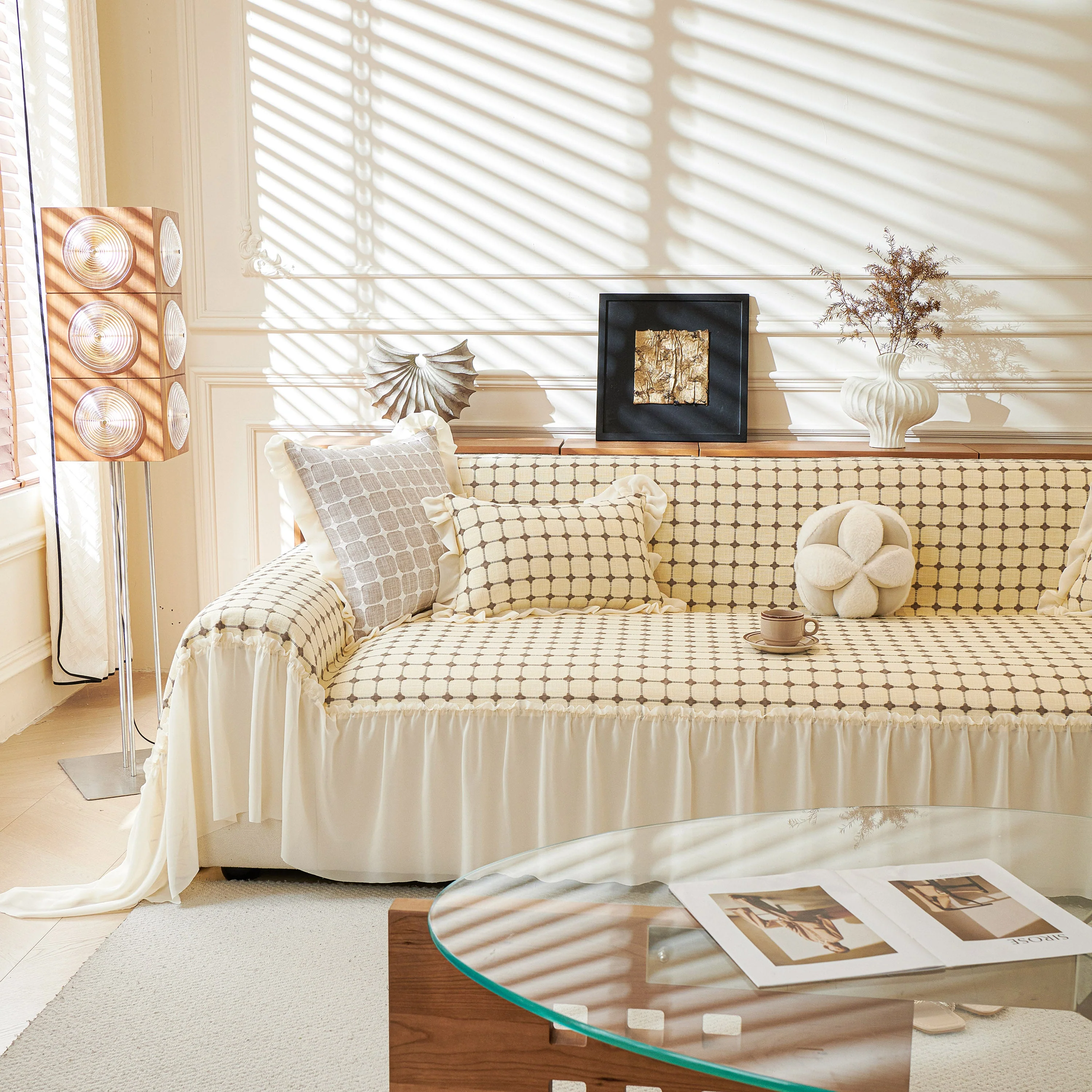 Grid Textured Sofa Cover with Sheer Ruffle Skirt, Pet-Friendly Sofa Throw Slipcover - Image 30