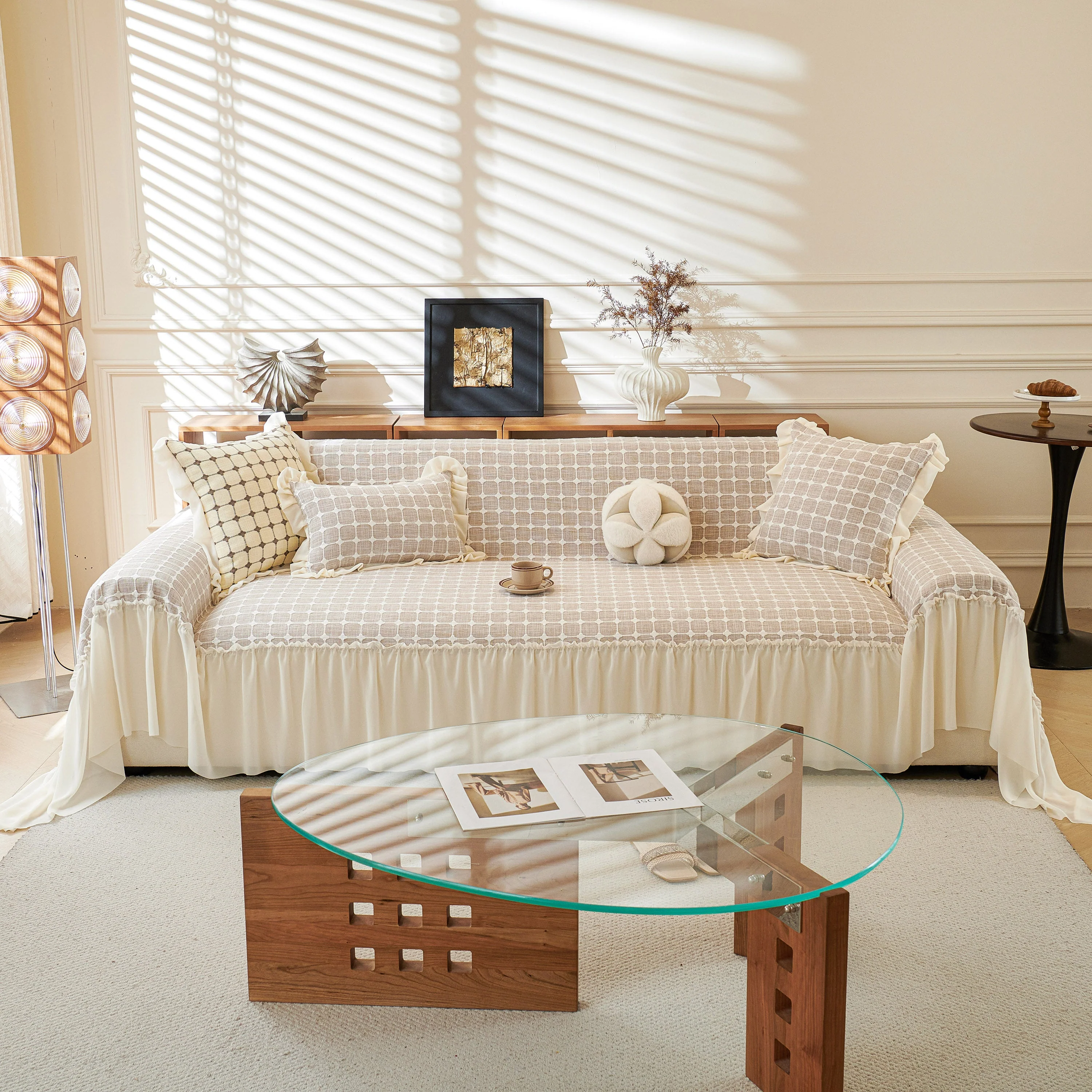 Grid Textured Sofa Cover with Sheer Ruffle Skirt, Pet-Friendly Sofa Throw Slipcover - Image 33