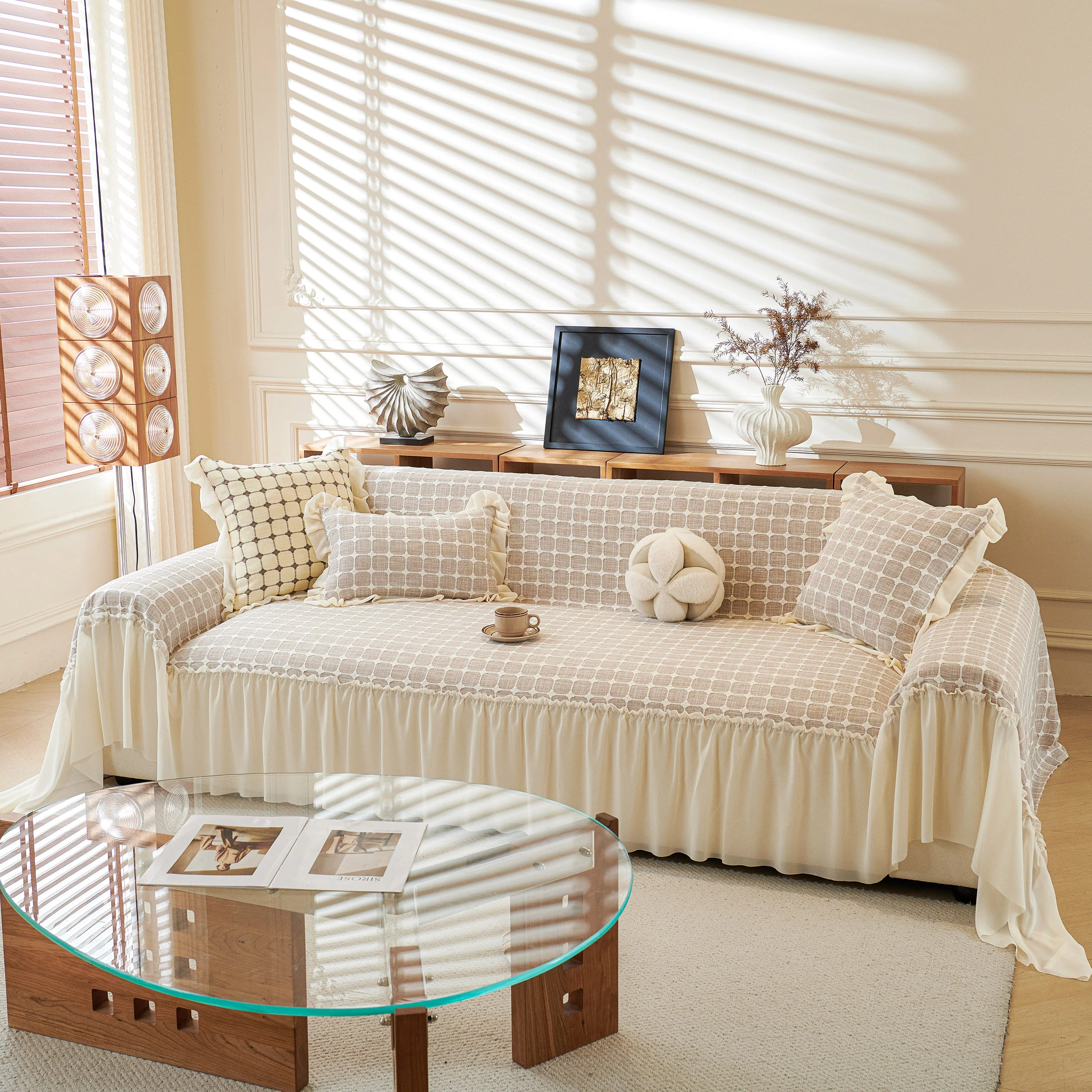 Grid Textured Sofa Cover with Sheer Ruffle Skirt, Pet-Friendly Sofa Throw Slipcover - Image 34