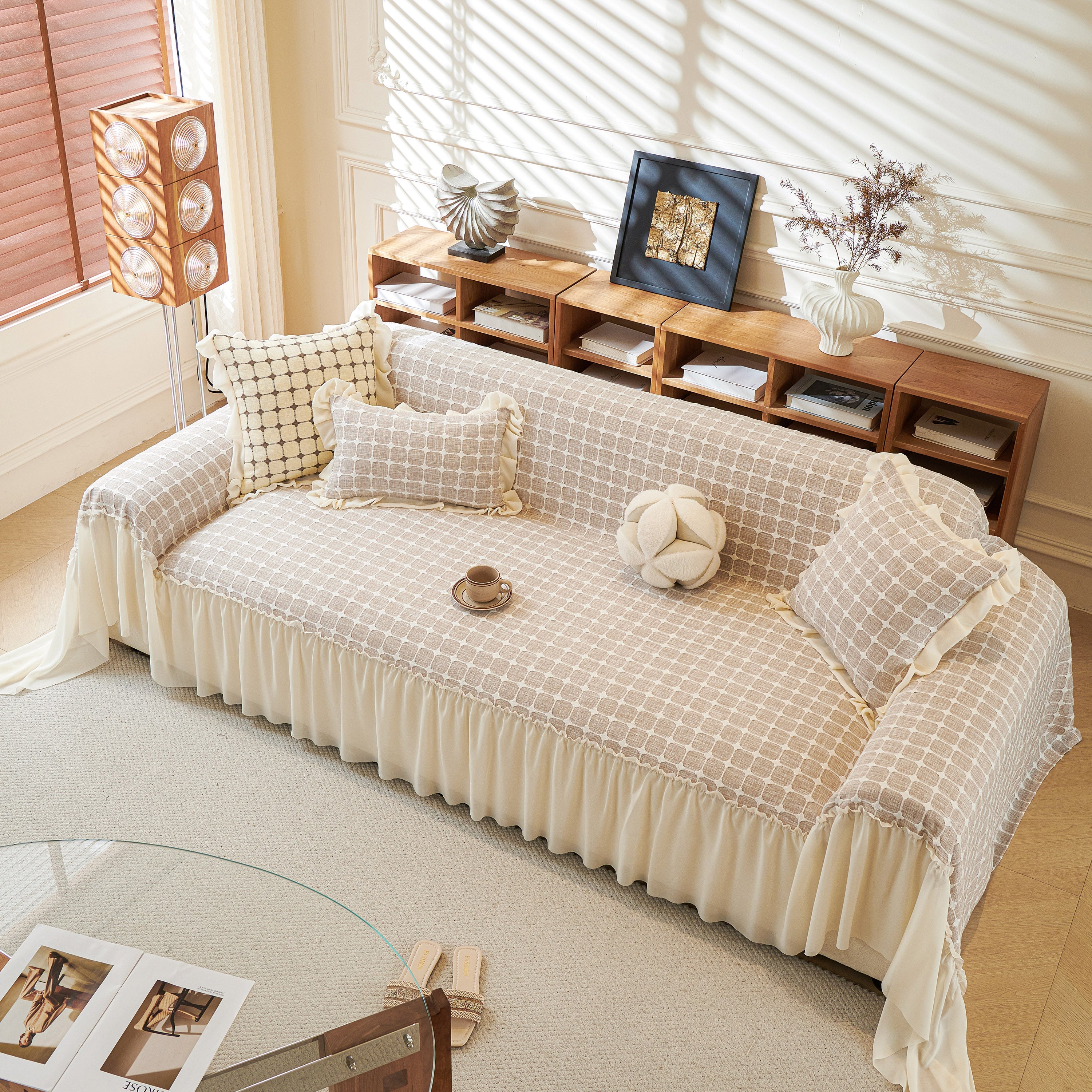 Grid Textured Sofa Cover with Sheer Ruffle Skirt, Pet-Friendly Sofa Throw Slipcover - Image 35
