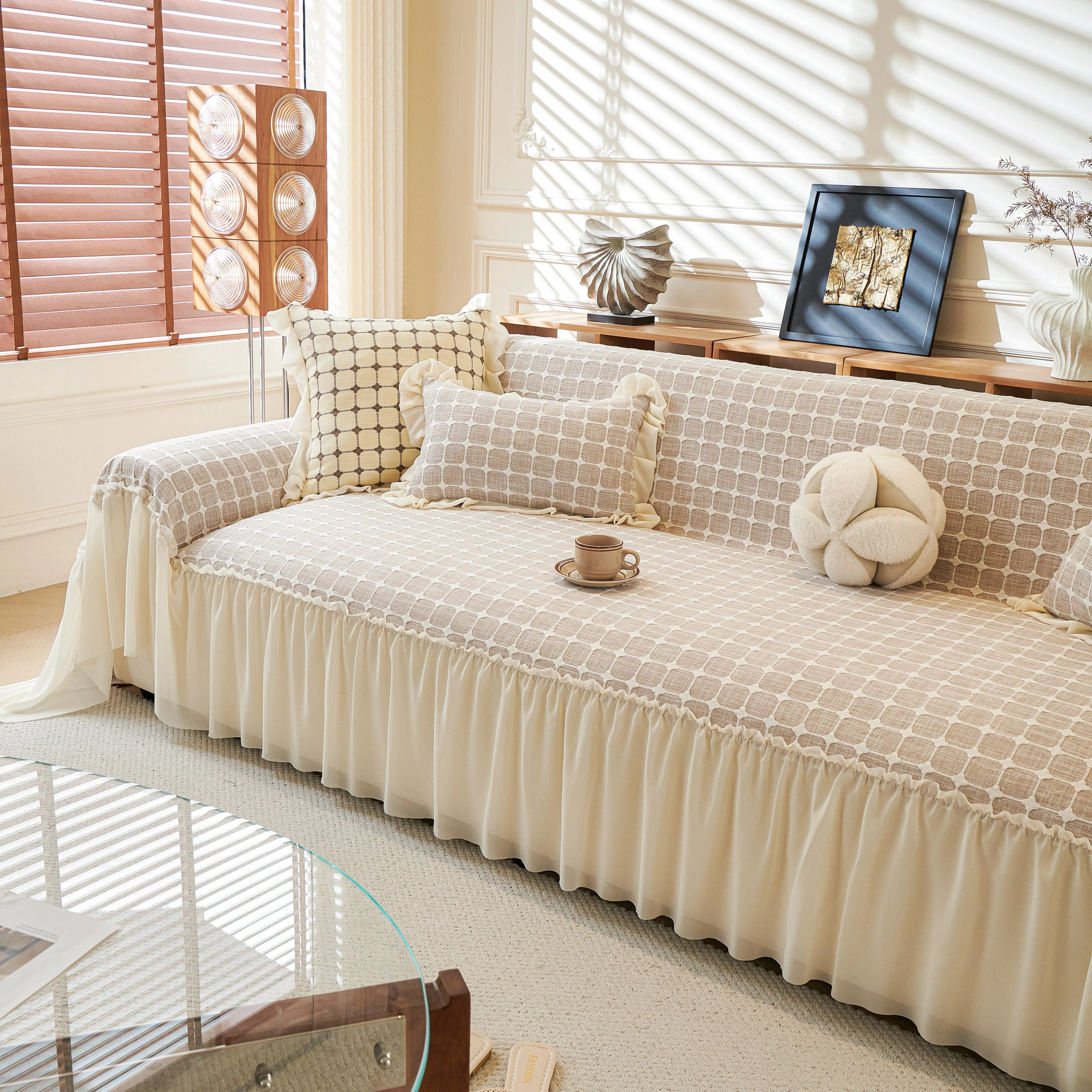 Grid Textured Sofa Cover with Sheer Ruffle Skirt, Pet-Friendly Sofa Throw Slipcover - Image 36