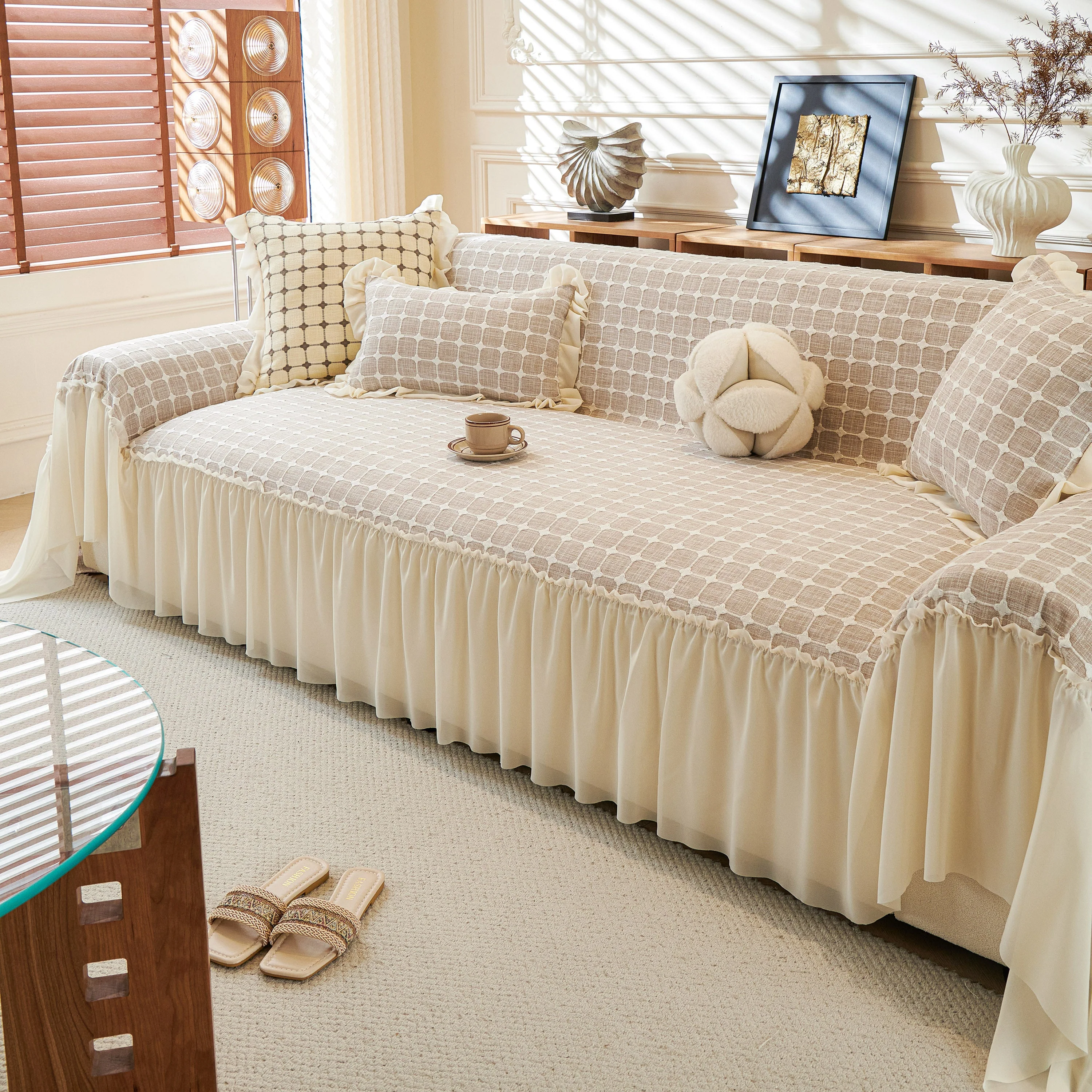 Grid Textured Sofa Cover with Sheer Ruffle Skirt, Pet-Friendly Sofa Throw Slipcover - Image 37