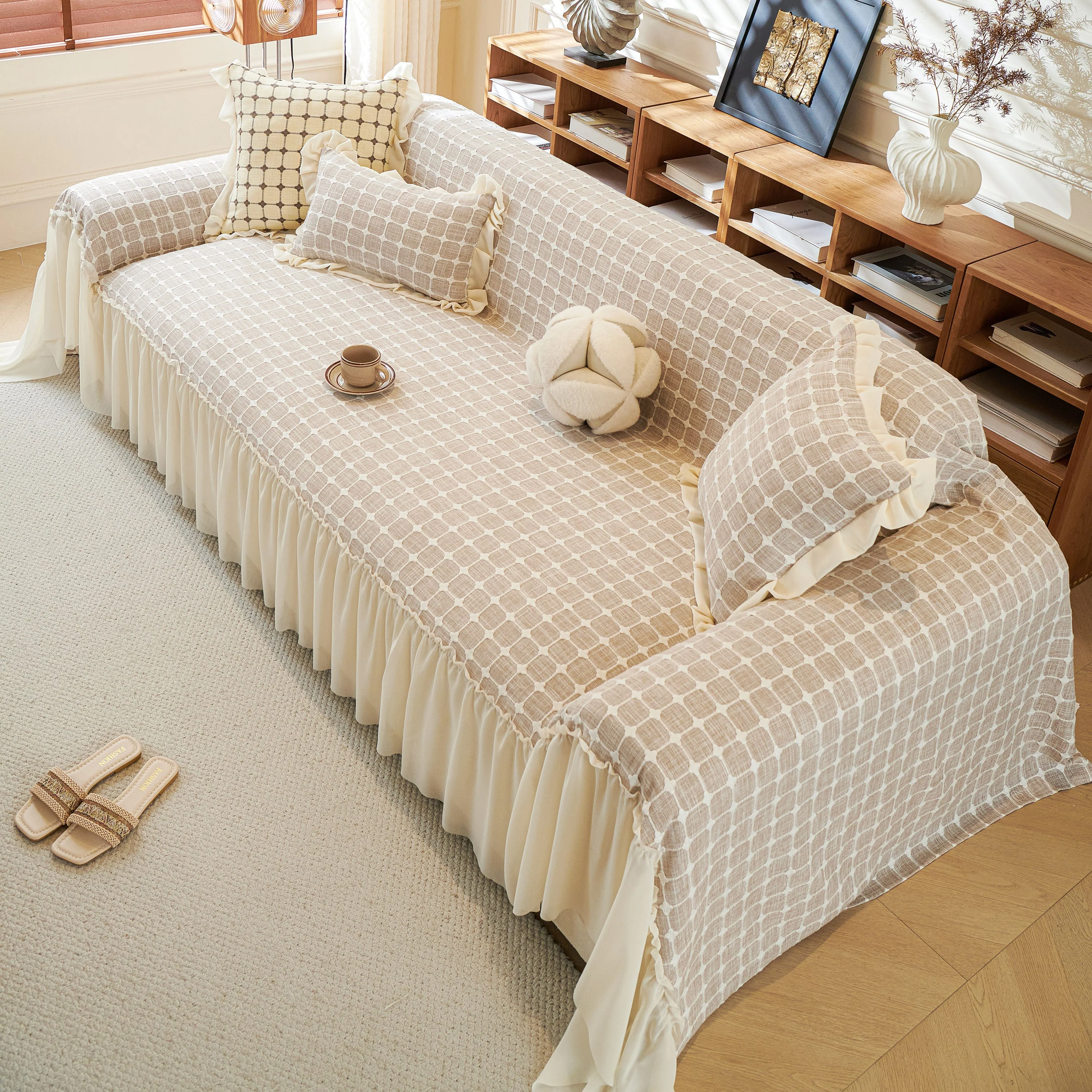 Grid Textured Sofa Cover with Sheer Ruffle Skirt, Pet-Friendly Sofa Throw Slipcover - Image 38