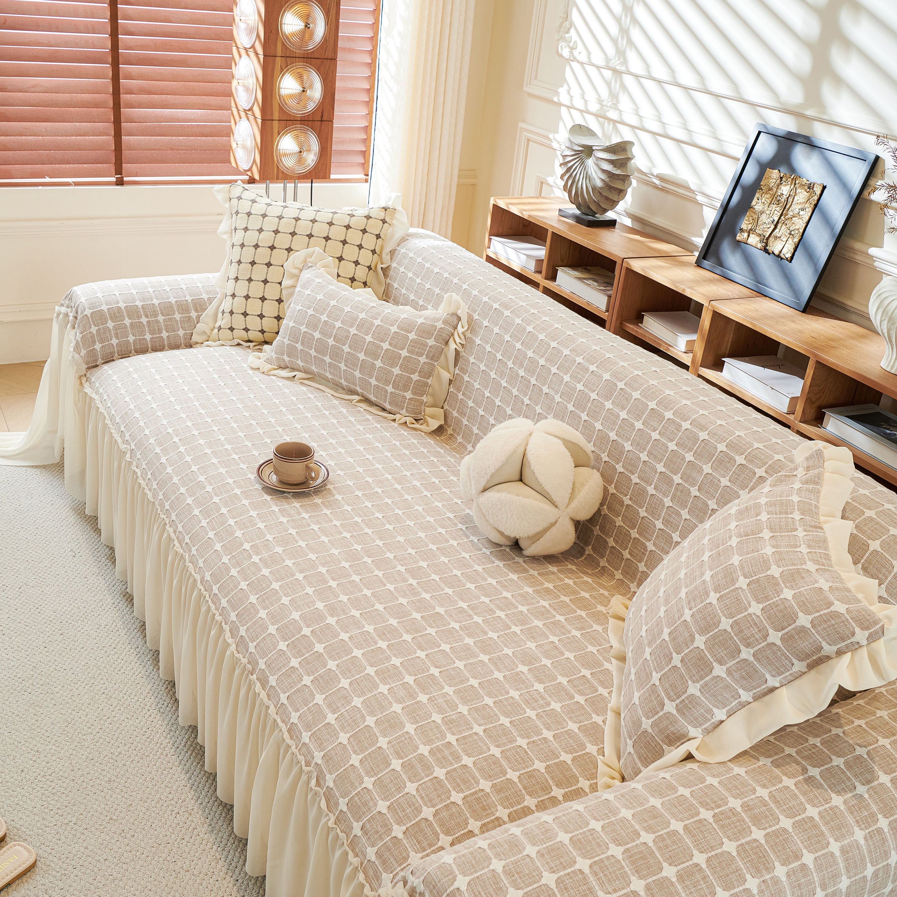 Grid Textured Sofa Cover with Sheer Ruffle Skirt, Pet-Friendly Sofa Throw Slipcover - Image 39