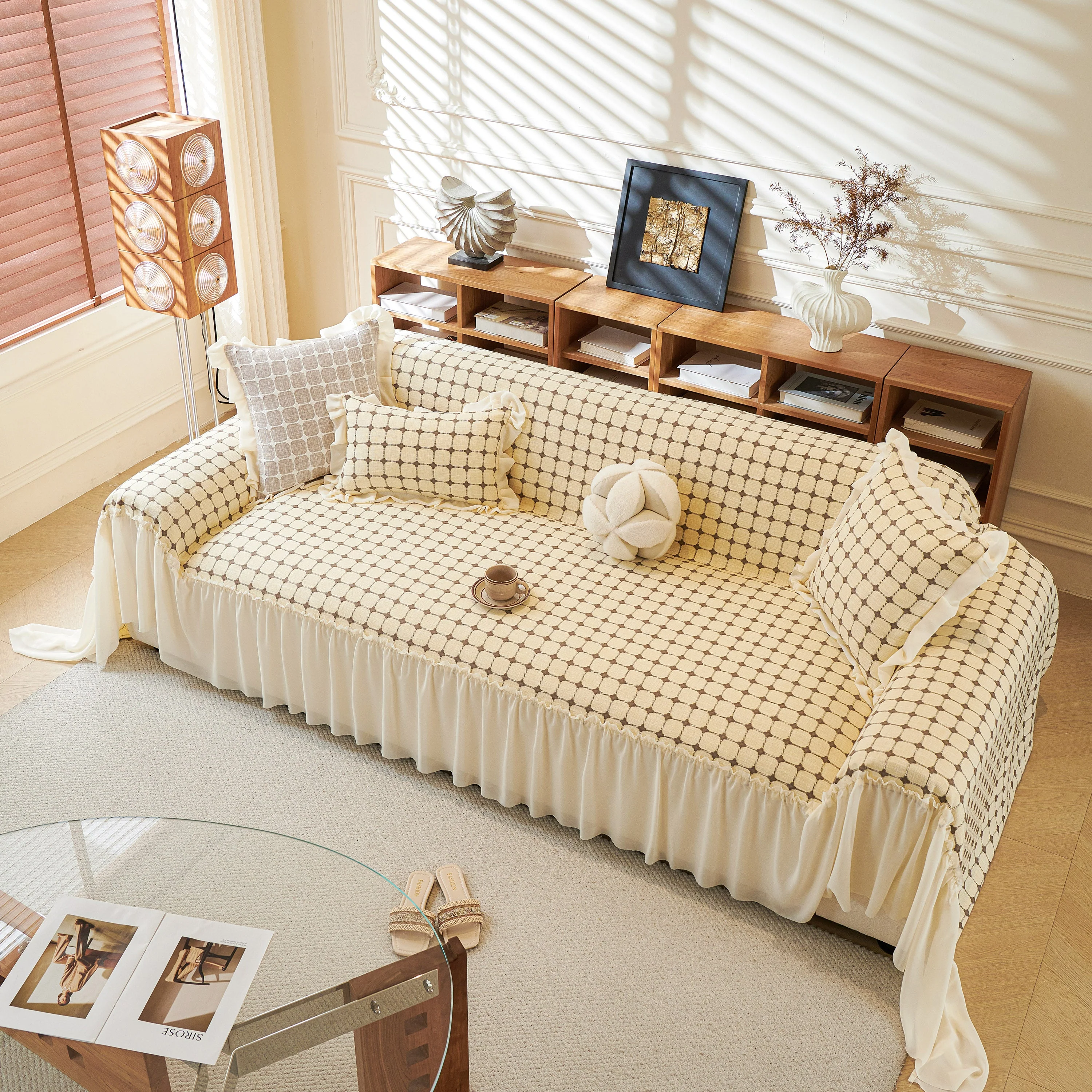 Grid Textured Sofa Cover with Sheer Ruffle Skirt, Pet-Friendly Sofa Throw Slipcover - Image 4