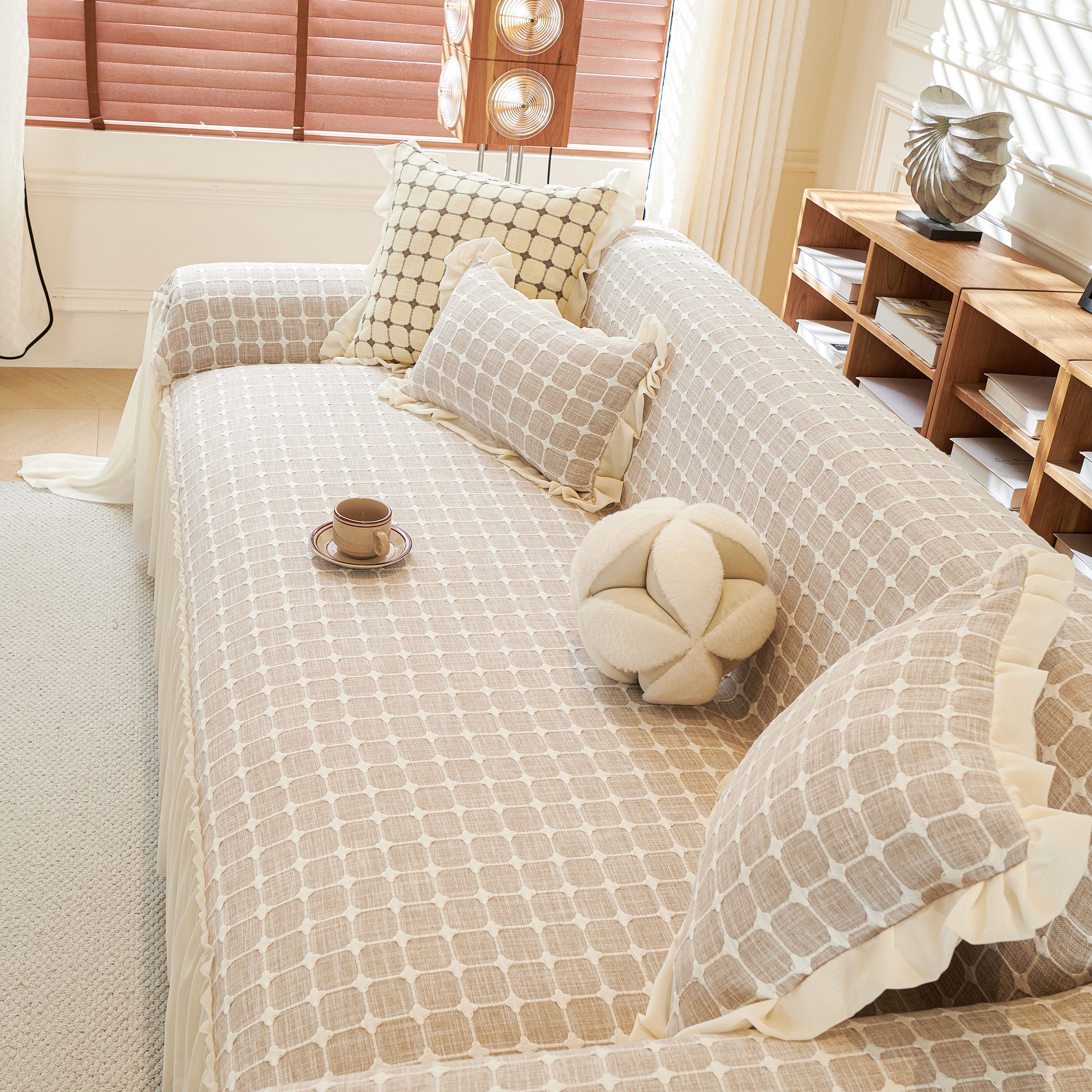 Grid Textured Sofa Cover with Sheer Ruffle Skirt, Pet-Friendly Sofa Throw Slipcover - Image 40