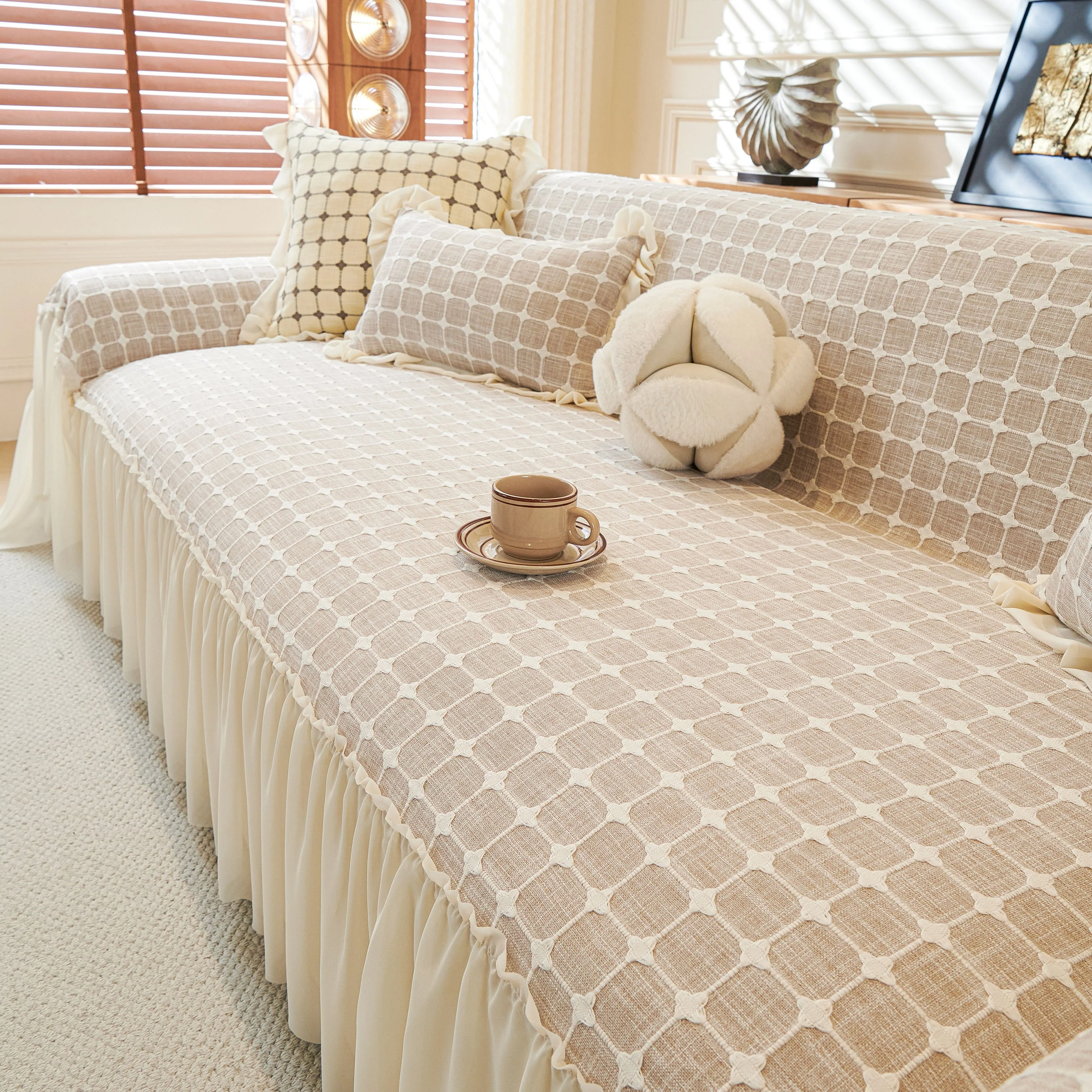 Grid Textured Sofa Cover with Sheer Ruffle Skirt, Pet-Friendly Sofa Throw Slipcover - Image 41