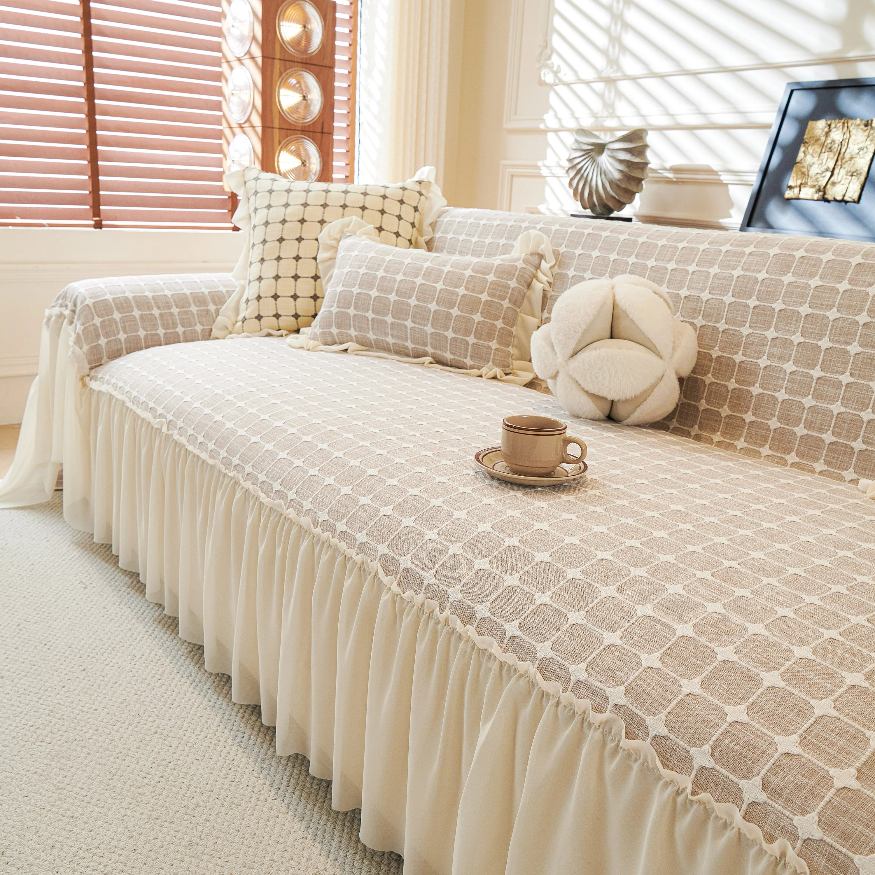 Grid Textured Sofa Cover with Sheer Ruffle Skirt, Pet-Friendly Sofa Throw Slipcover - Image 42