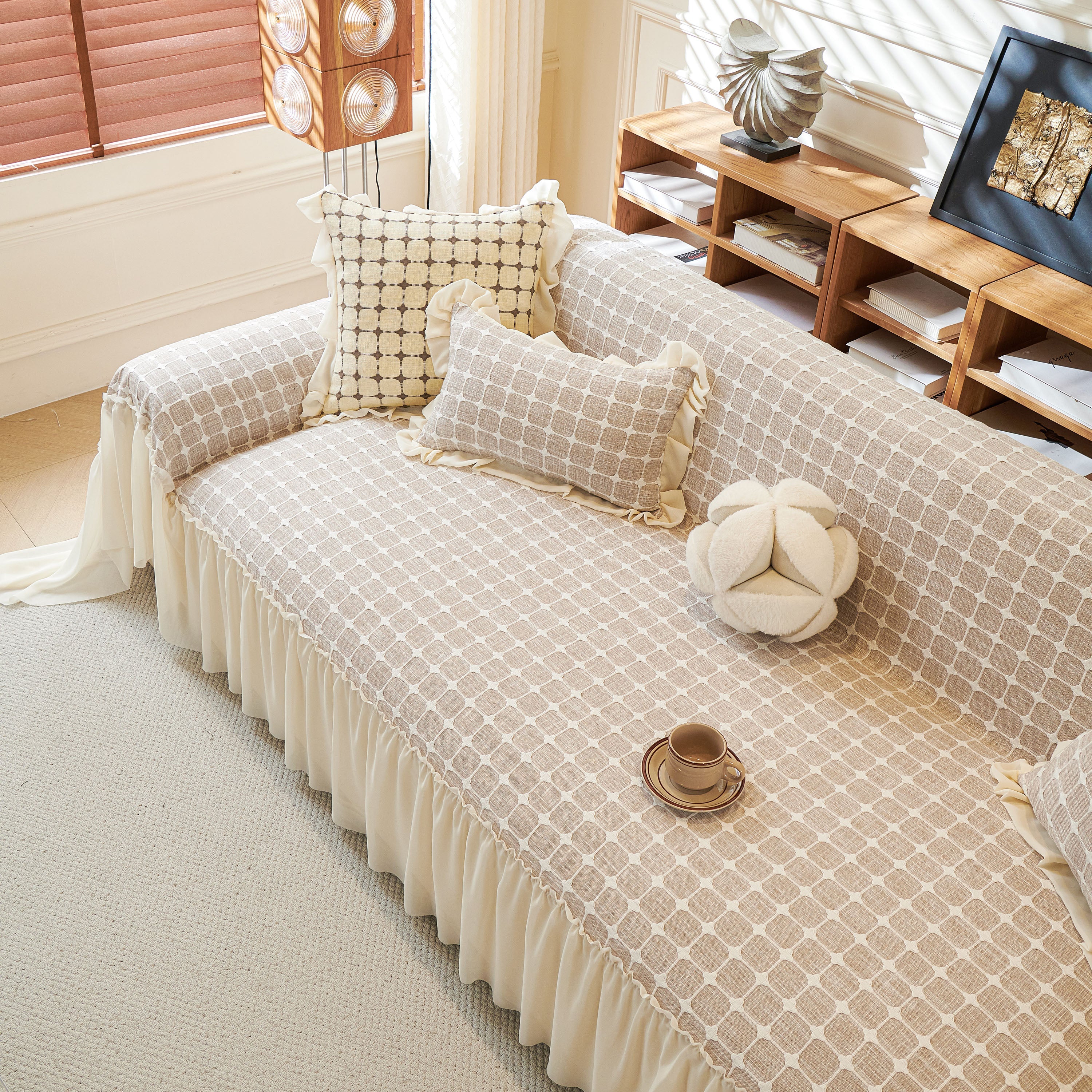 Grid Textured Sofa Cover with Sheer Ruffle Skirt, Pet-Friendly Sofa Throw Slipcover - Image 43