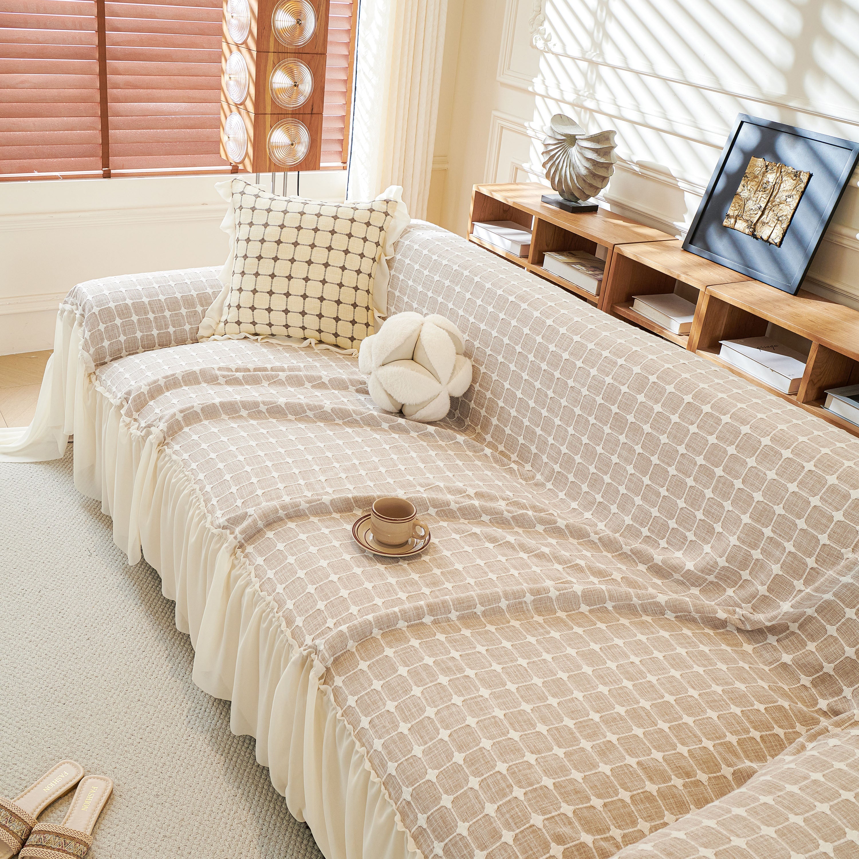 Grid Textured Sofa Cover with Sheer Ruffle Skirt, Pet-Friendly Sofa Throw Slipcover - Image 47