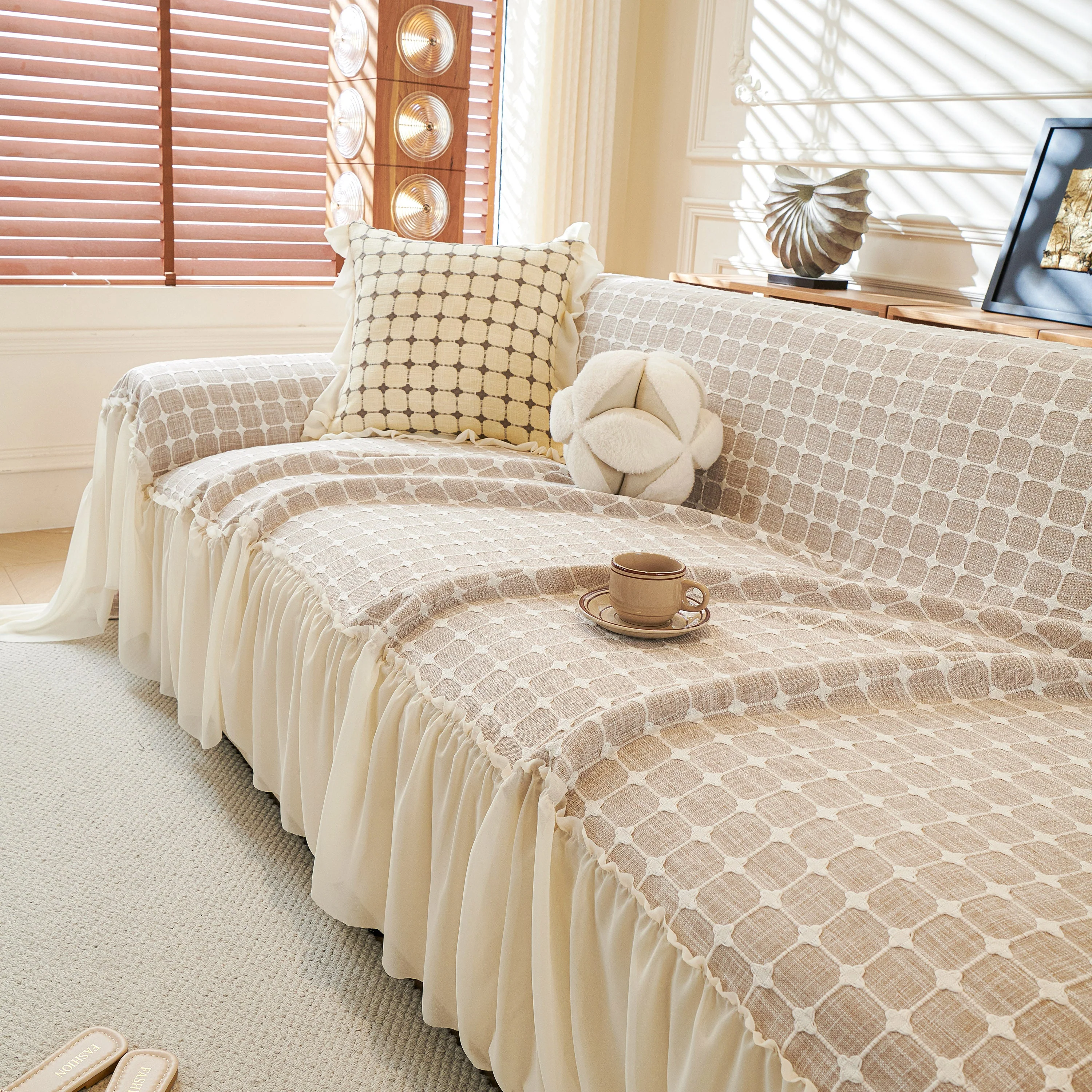 Grid Textured Sofa Cover with Sheer Ruffle Skirt, Pet-Friendly Sofa Throw Slipcover - Image 48