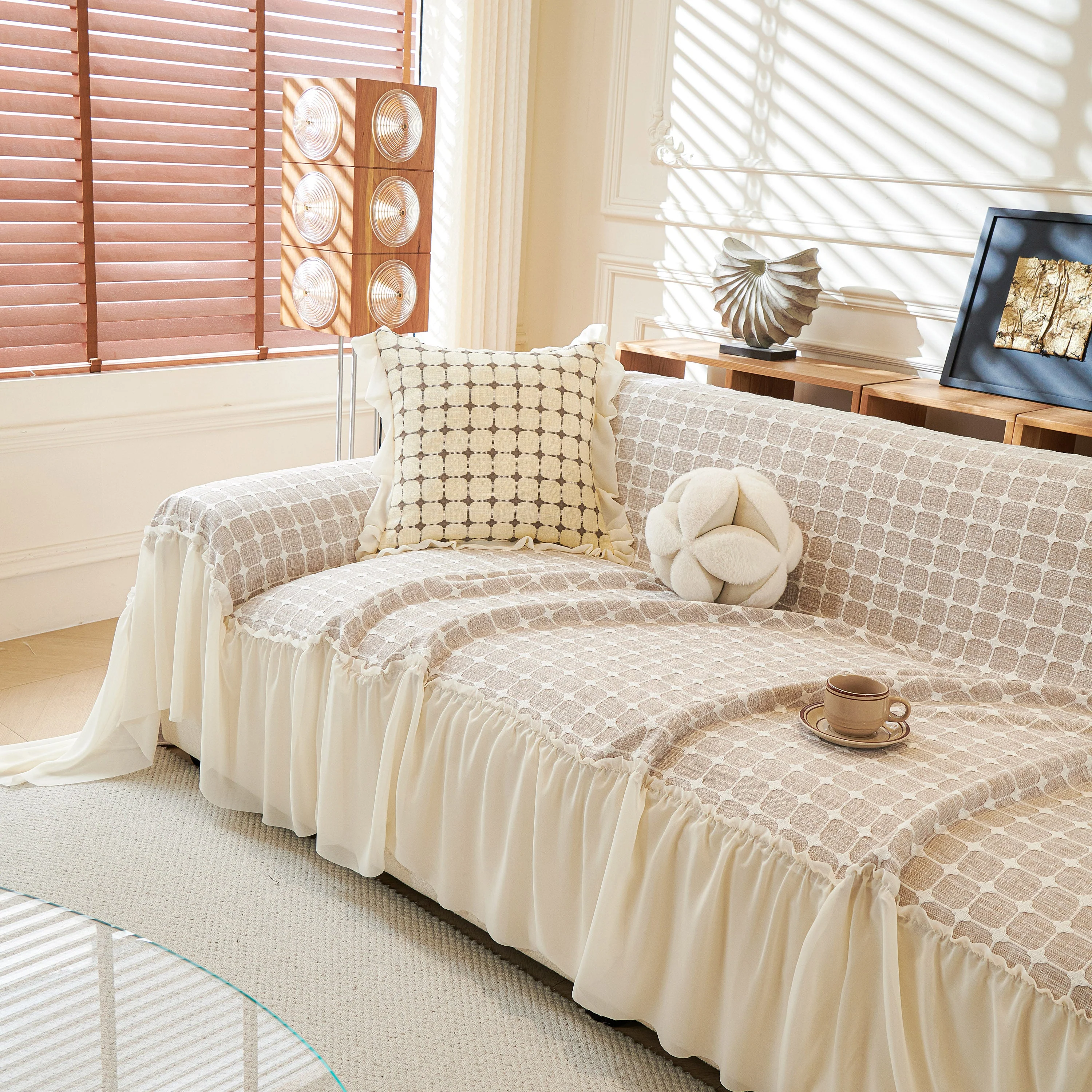 Grid Textured Sofa Cover with Sheer Ruffle Skirt, Pet-Friendly Sofa Throw Slipcover - Image 49