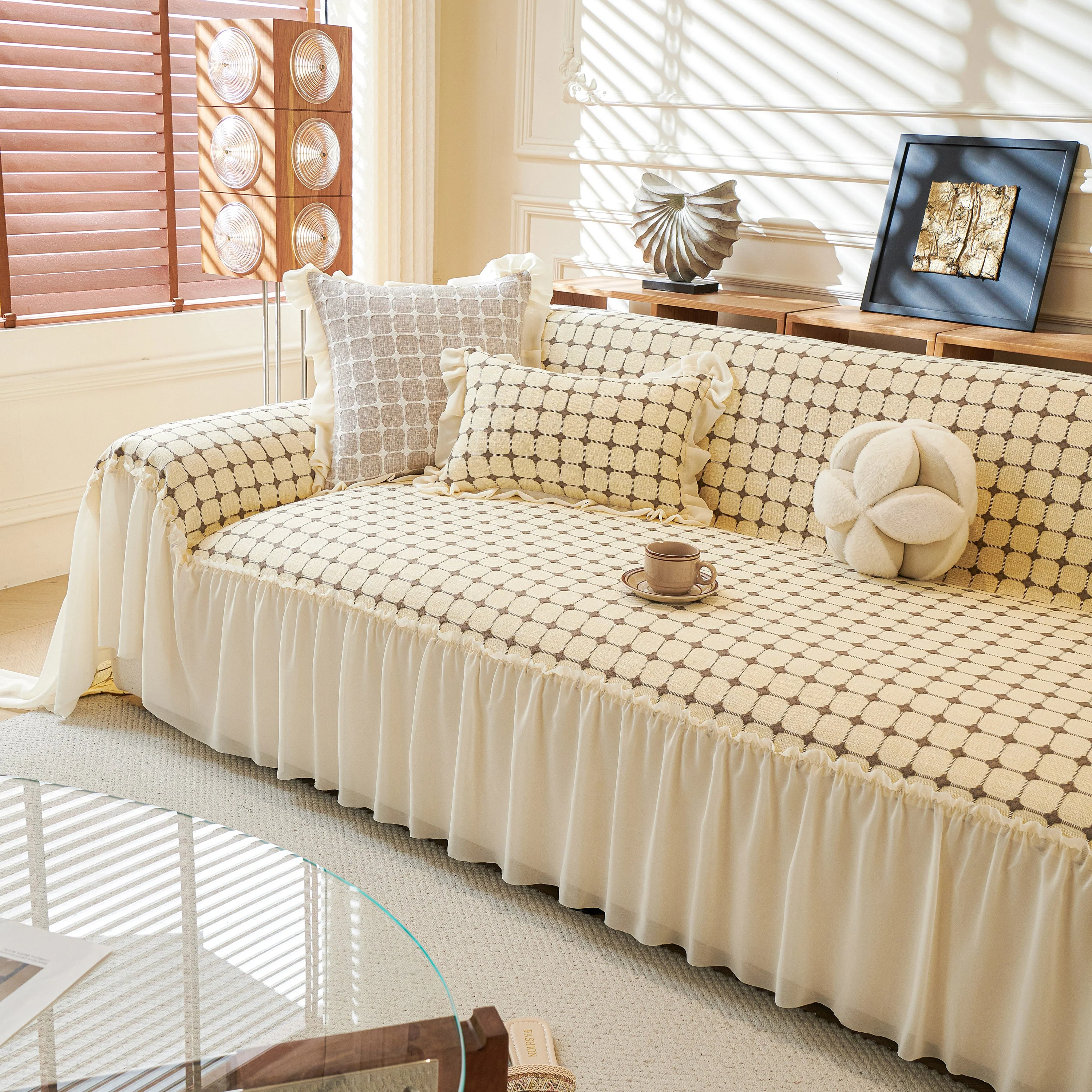 Grid Textured Sofa Cover with Sheer Ruffle Skirt, Pet-Friendly Sofa Throw Slipcover - Image 5