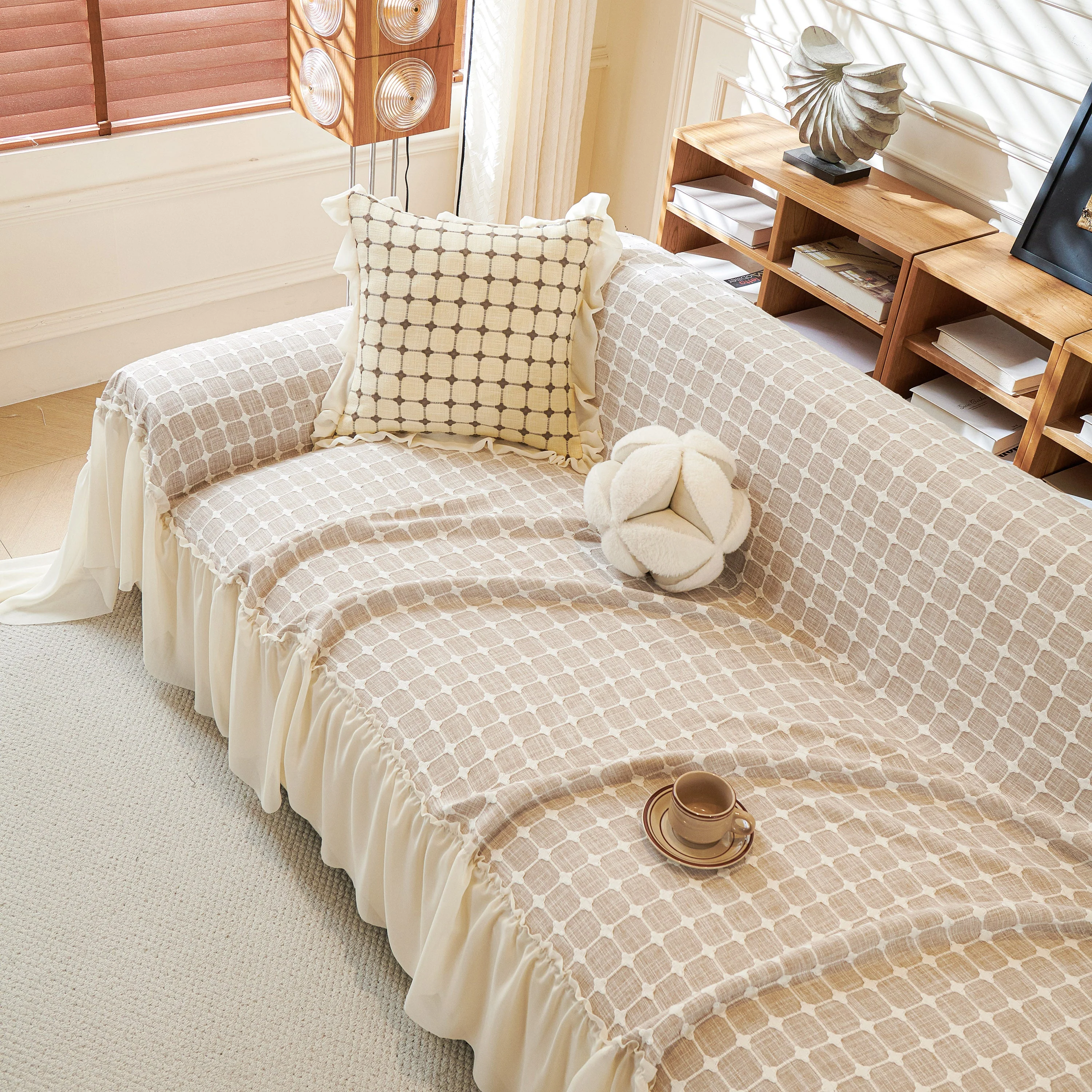 Grid Textured Sofa Cover with Sheer Ruffle Skirt, Pet-Friendly Sofa Throw Slipcover - Image 50