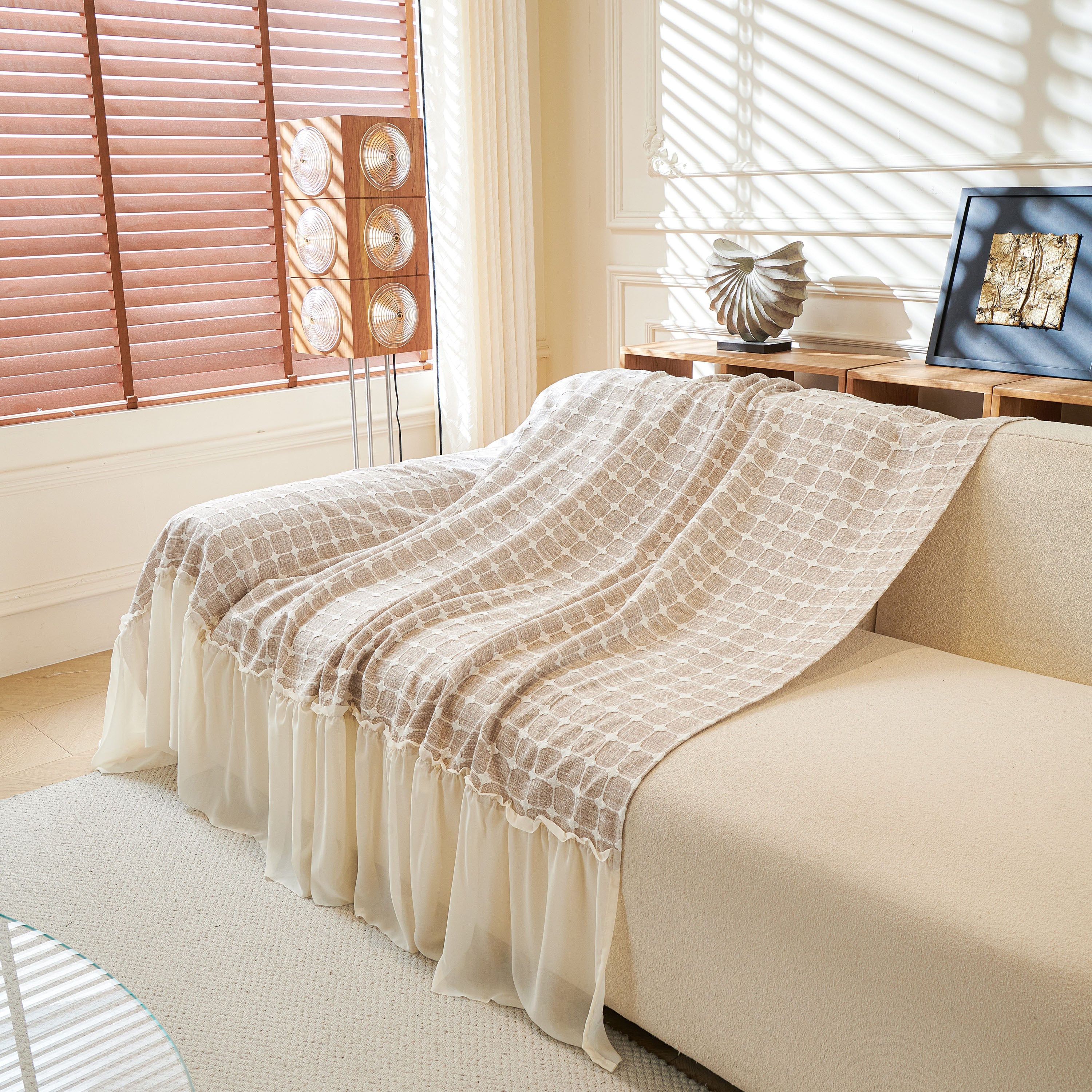 Grid Textured Sofa Cover with Sheer Ruffle Skirt, Pet-Friendly Sofa Throw Slipcover - Image 57