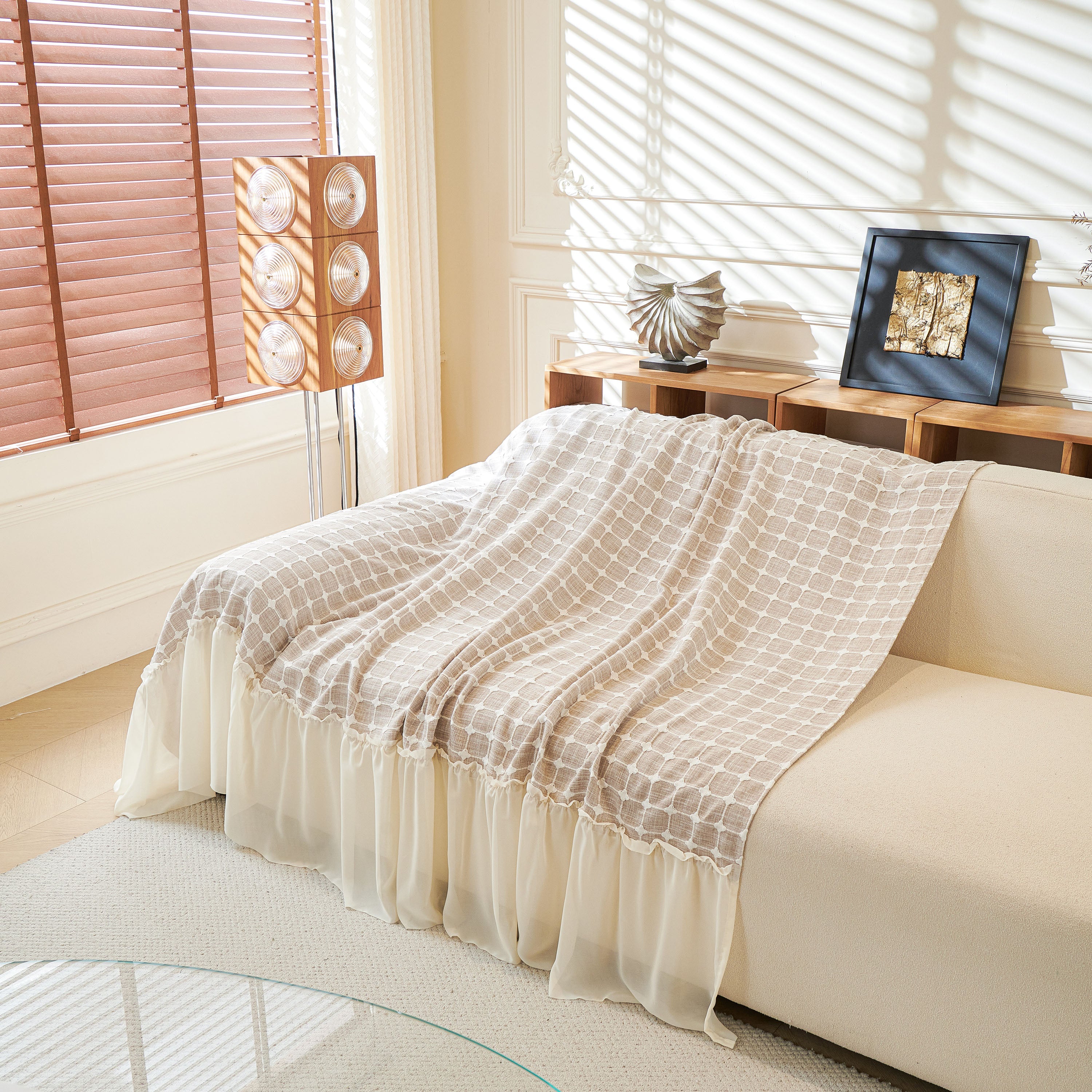 Grid Textured Sofa Cover with Sheer Ruffle Skirt, Pet-Friendly Sofa Throw Slipcover - Image 58