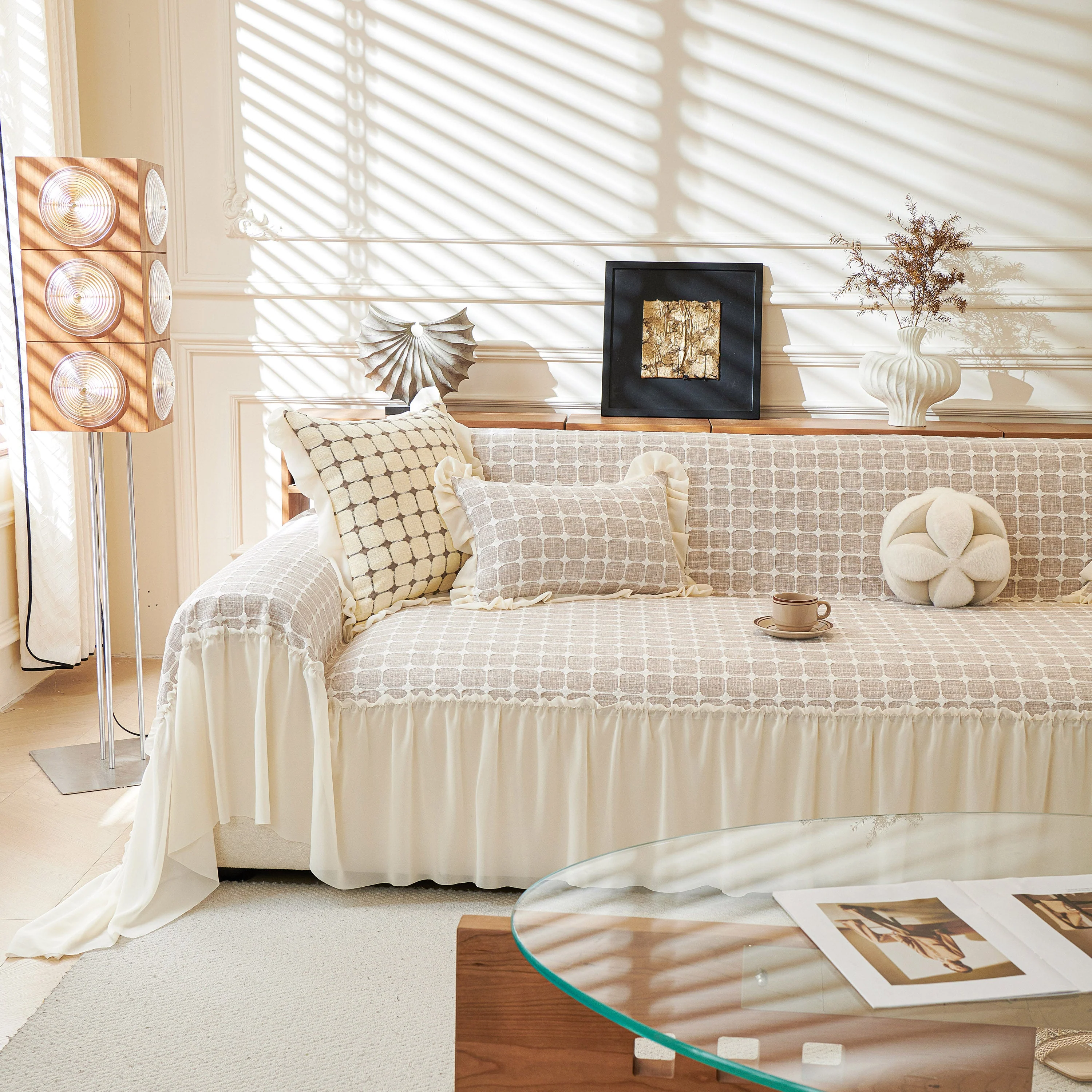 Grid Textured Sofa Cover with Sheer Ruffle Skirt, Pet-Friendly Sofa Throw Slipcover - Image 59