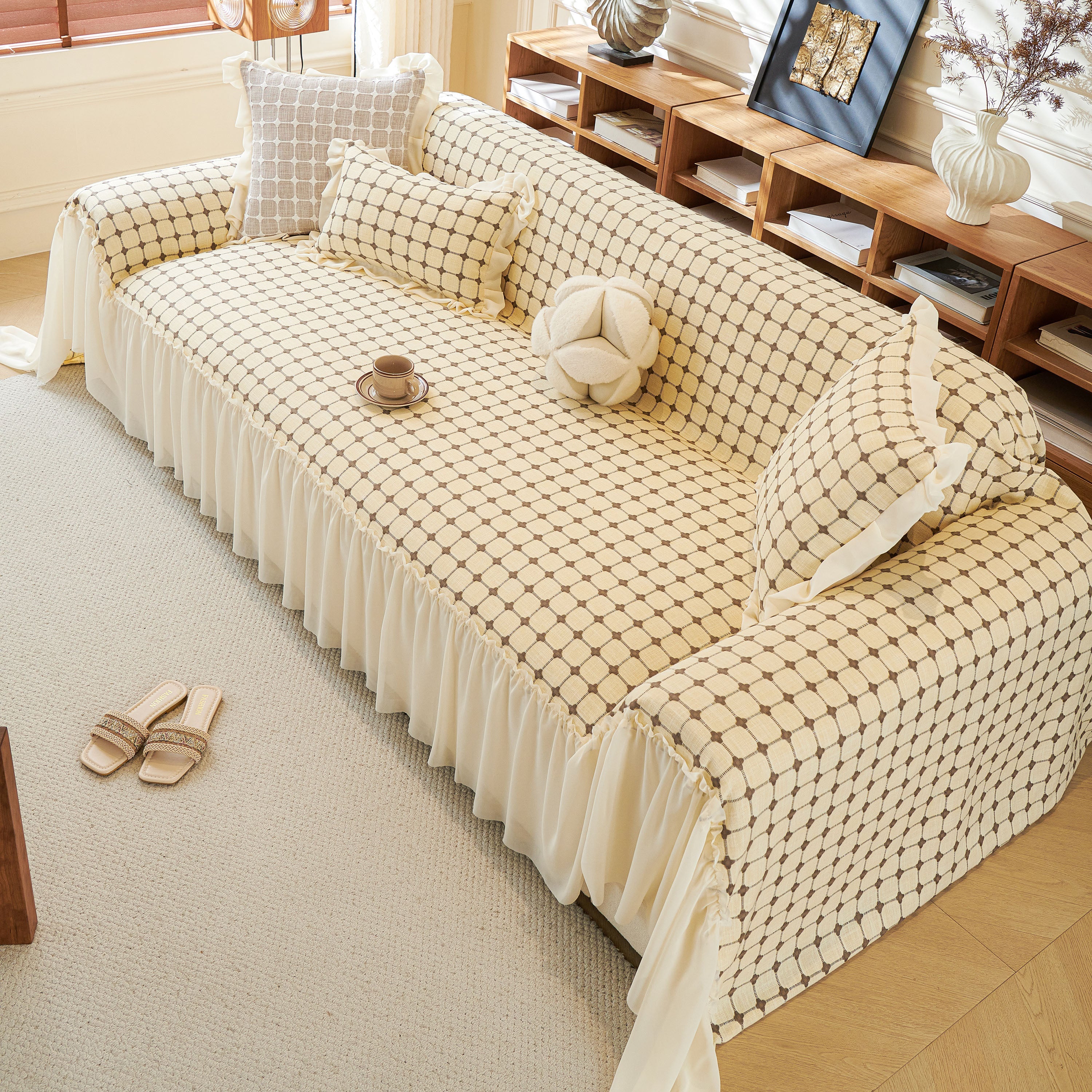 Grid Textured Sofa Cover with Sheer Ruffle Skirt, Pet-Friendly Sofa Throw Slipcover - Image 6