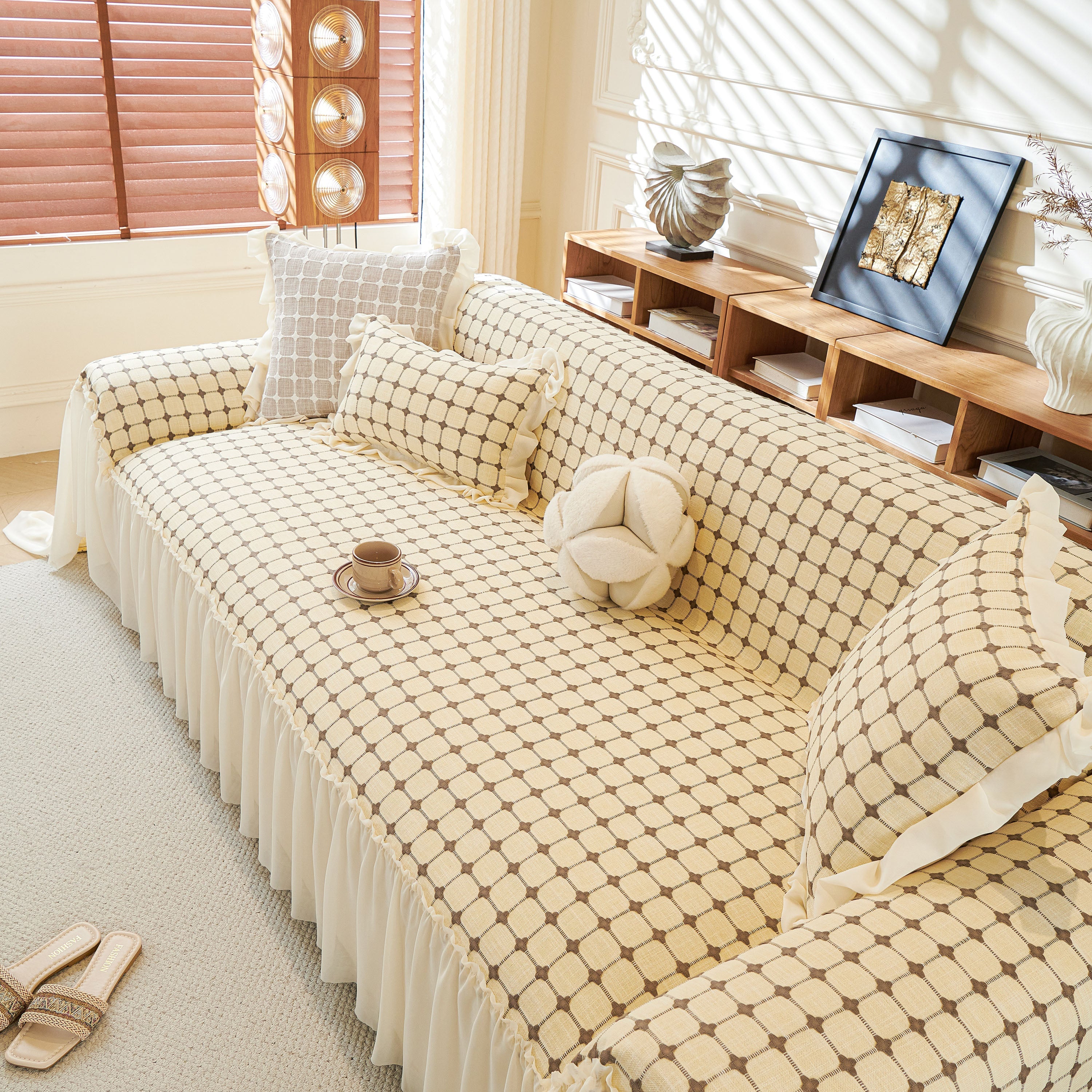 Grid Textured Sofa Cover with Sheer Ruffle Skirt, Pet-Friendly Sofa Throw Slipcover - Image 7