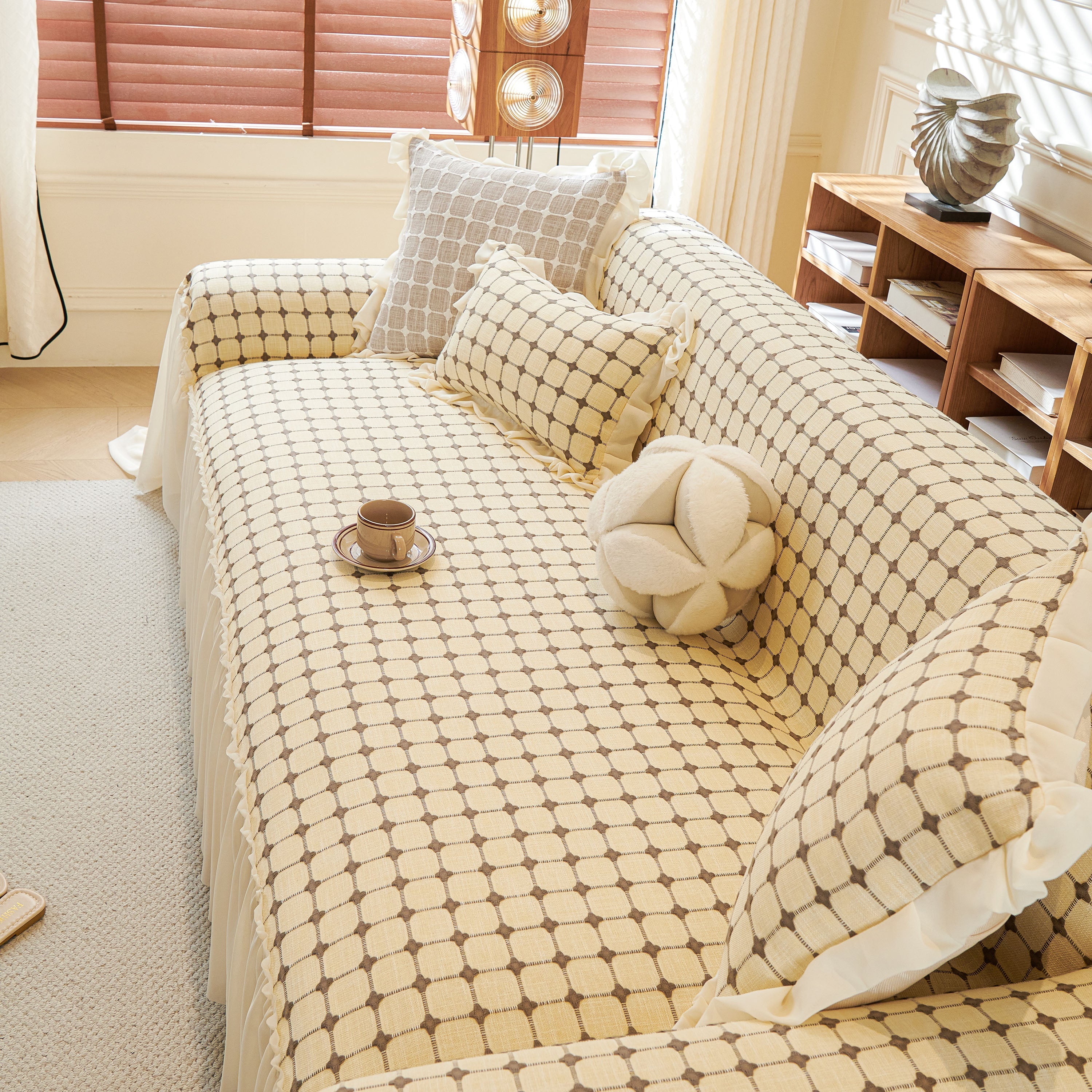 Grid Textured Sofa Cover with Sheer Ruffle Skirt, Pet-Friendly Sofa Throw Slipcover - Image 8