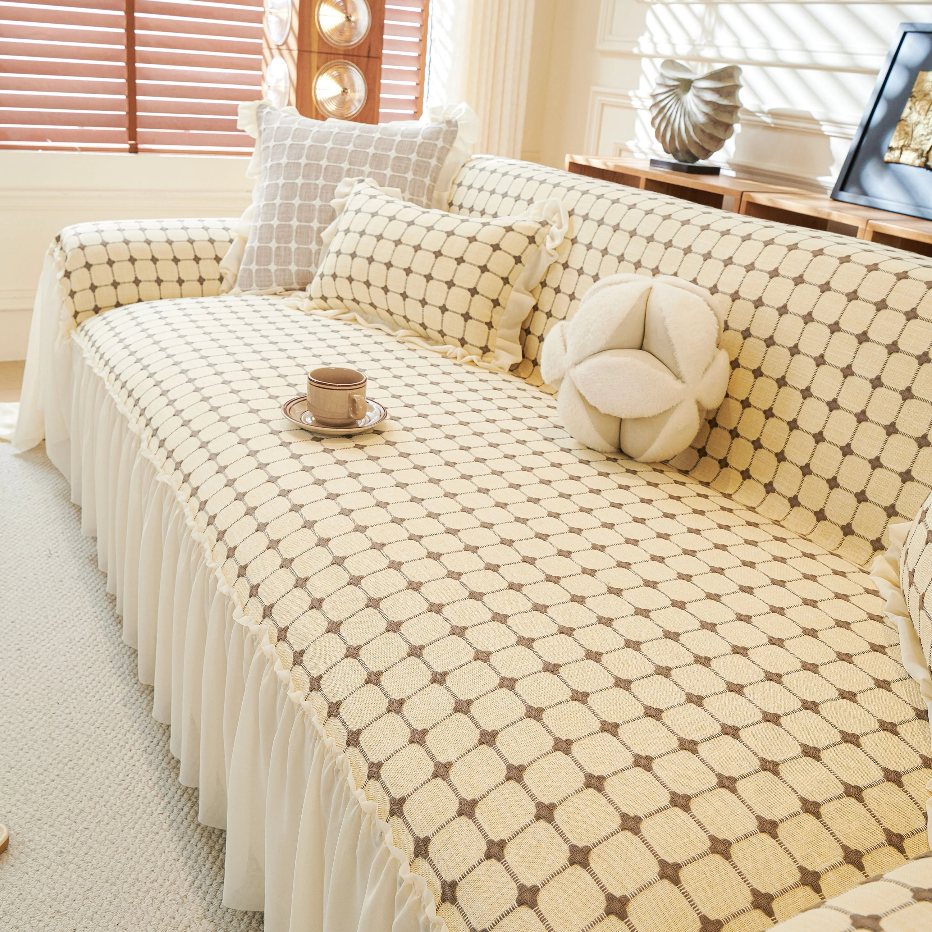 Grid Textured Sofa Cover with Sheer Ruffle Skirt, Pet-Friendly Sofa Throw Slipcover - Image 9