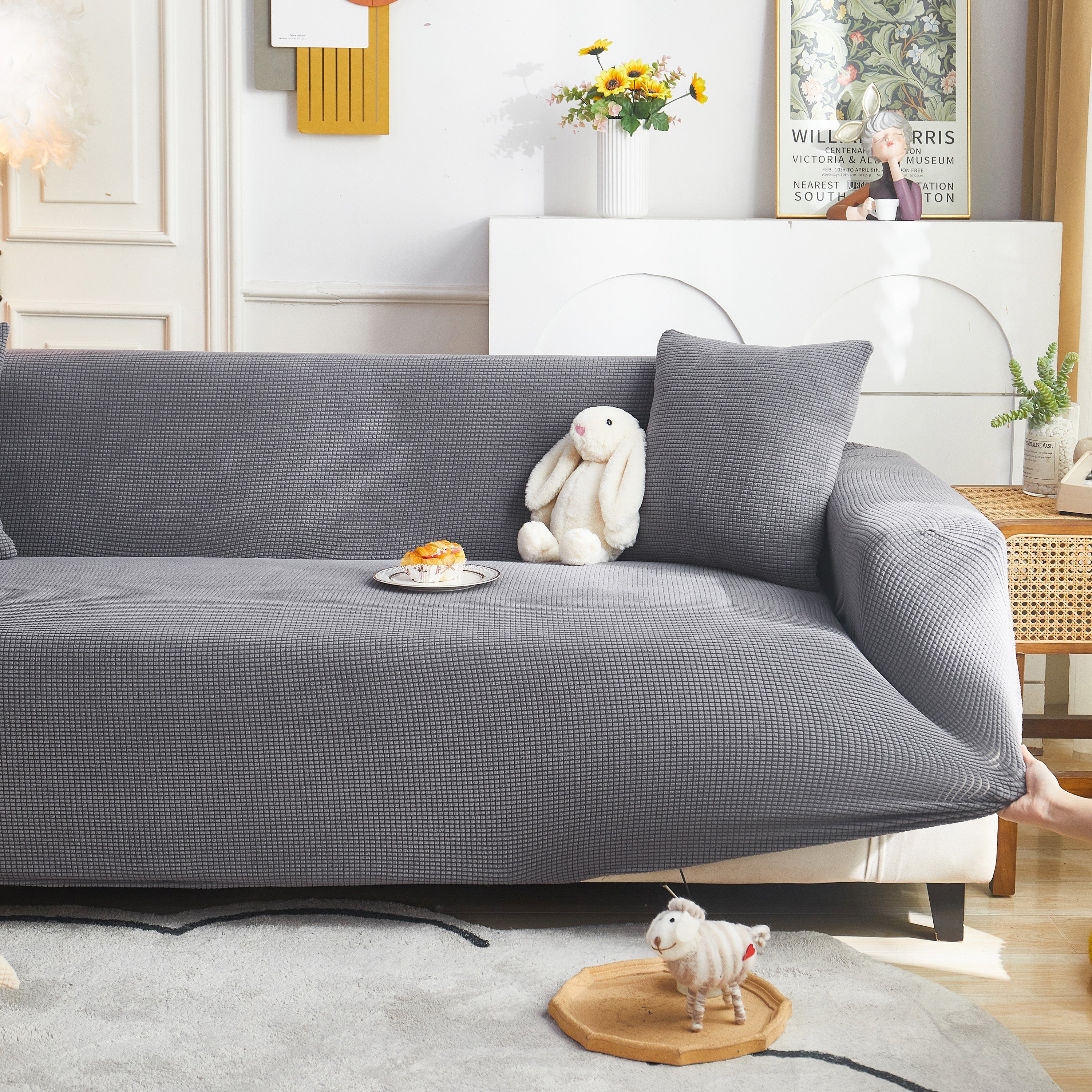 Grid Textured Stretch Sofa Cover, Soft Elastic Slipcover for Couch Protection - Image 128