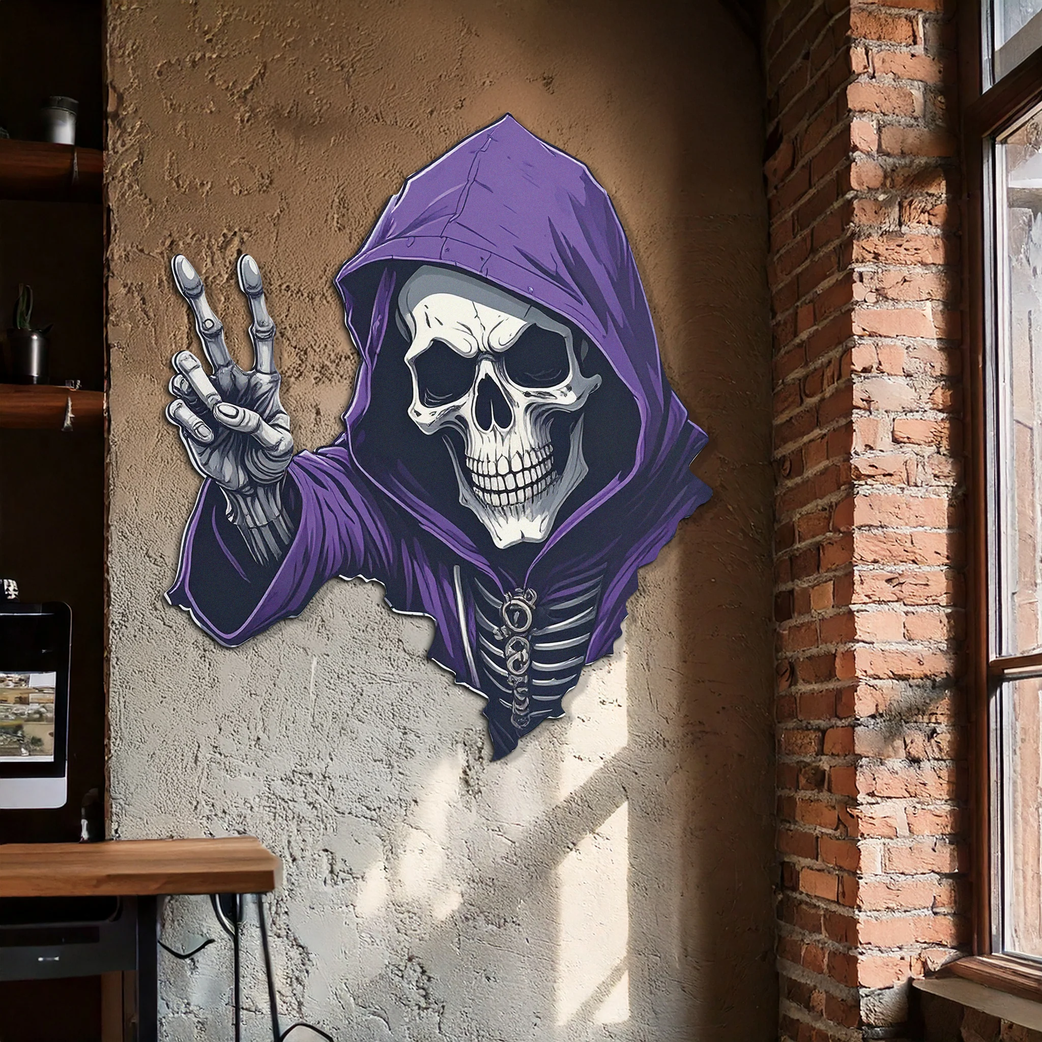 Grim Reaper Peace Metal Wall Art – Purple Skull UV Print Decor-KAFUVM019 - Image 2