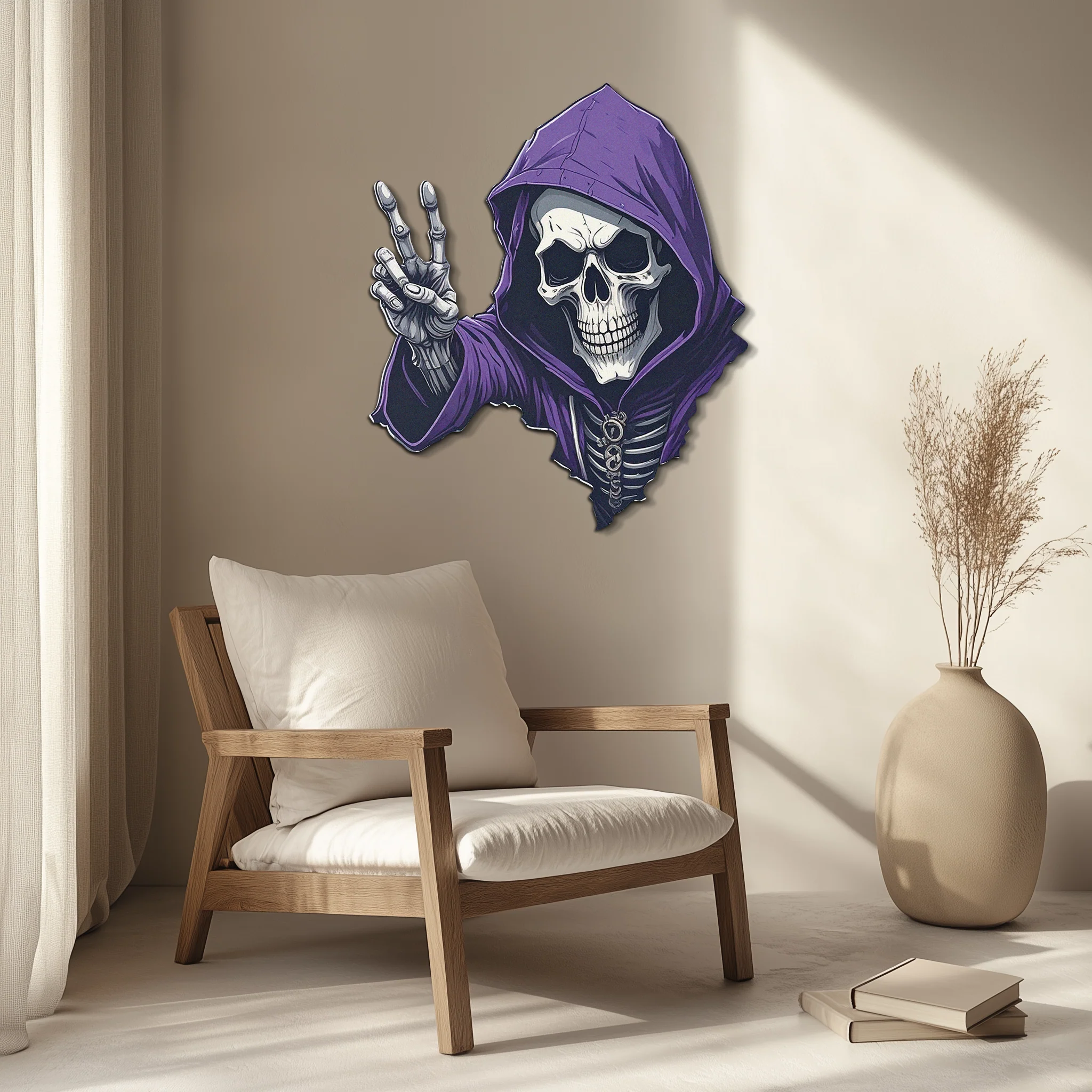 Grim Reaper Peace Metal Wall Art – Purple Skull UV Print Decor-KAFUVM019 - Image 3