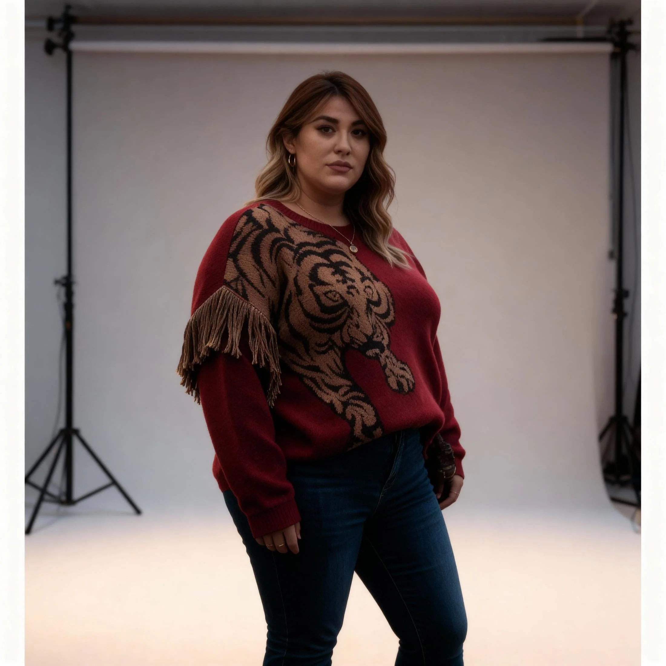 Grrr! Fringed Tiger Sweater in Green or Red [Sizes M-XL] - Image 2