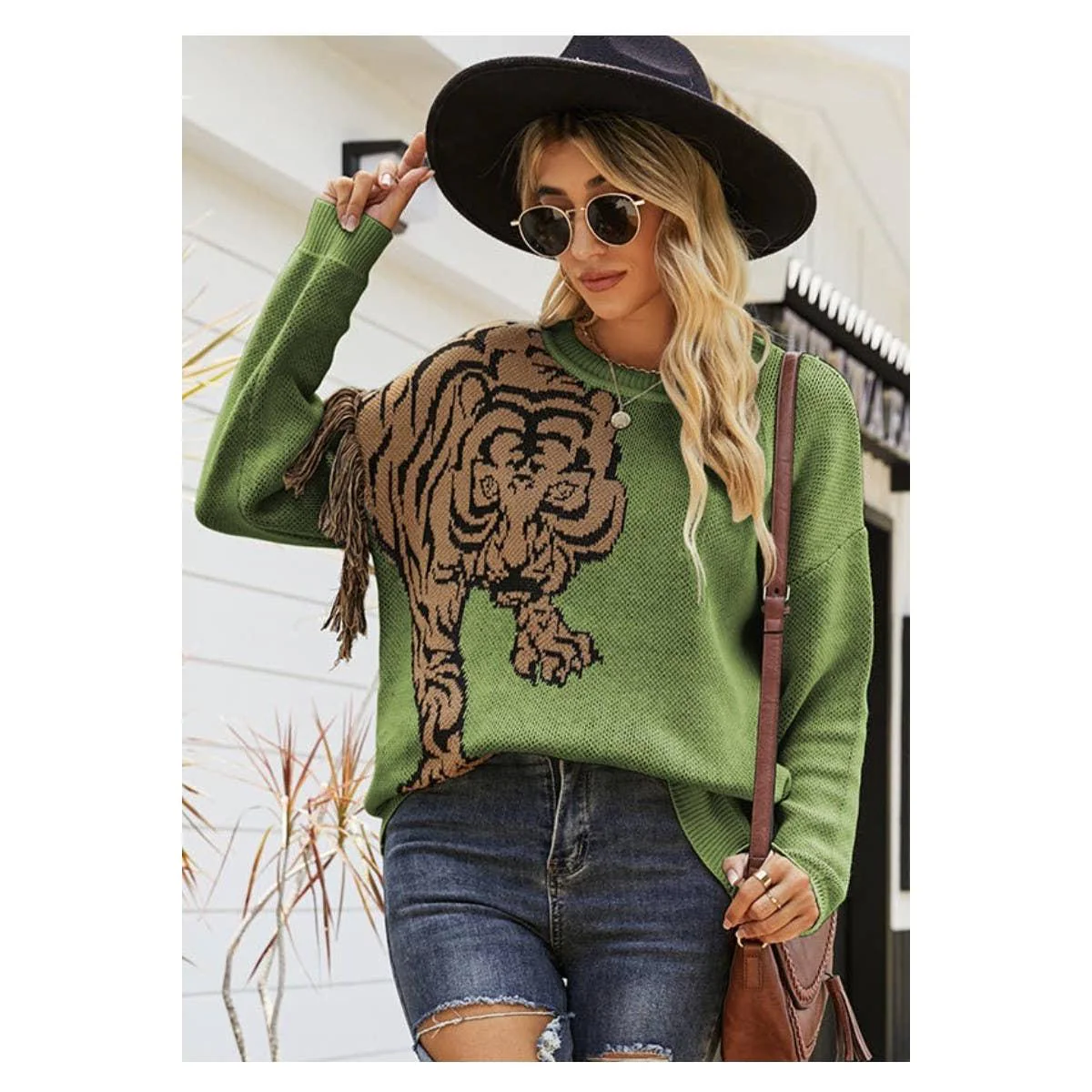 Grrr! Fringed Tiger Sweater in Green or Red [Sizes M-XL] - Image 4