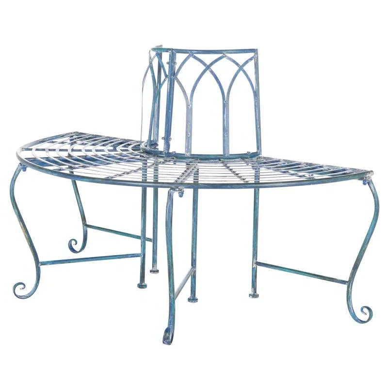 Half-Circle Outdoor Patio Garden Antique Blue Wrought Iron Tree Bench - Image 2