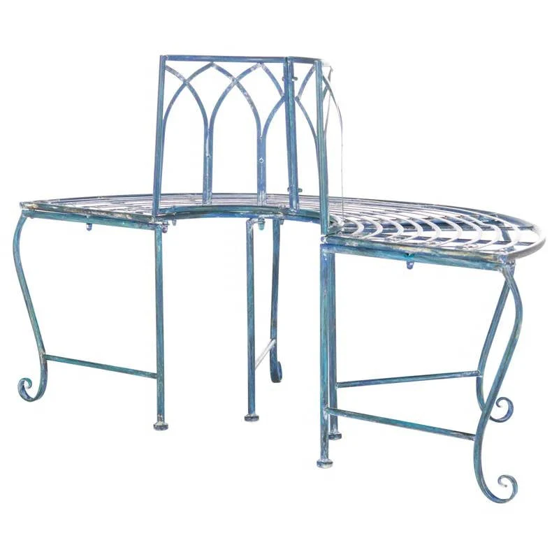 Half-Circle Outdoor Patio Garden Antique Blue Wrought Iron Tree Bench - Image 4