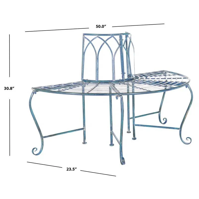 Half-Circle Outdoor Patio Garden Antique Blue Wrought Iron Tree Bench - Image 5