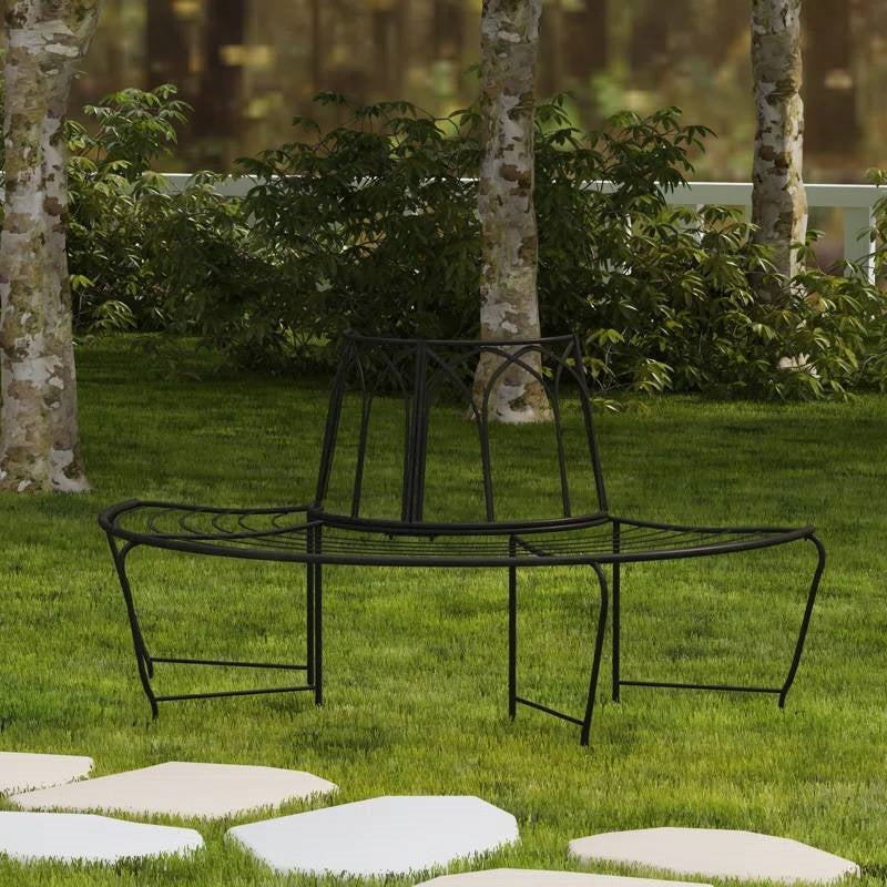 Half-Circle Outdoor Patio Garden Black Wrought Iron Tree Bench - Image 3