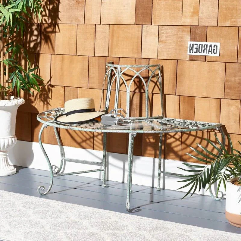 Half-Circle Outdoor Patio Garden Wrought Iron Tree Bench in Antique Green - Image 2